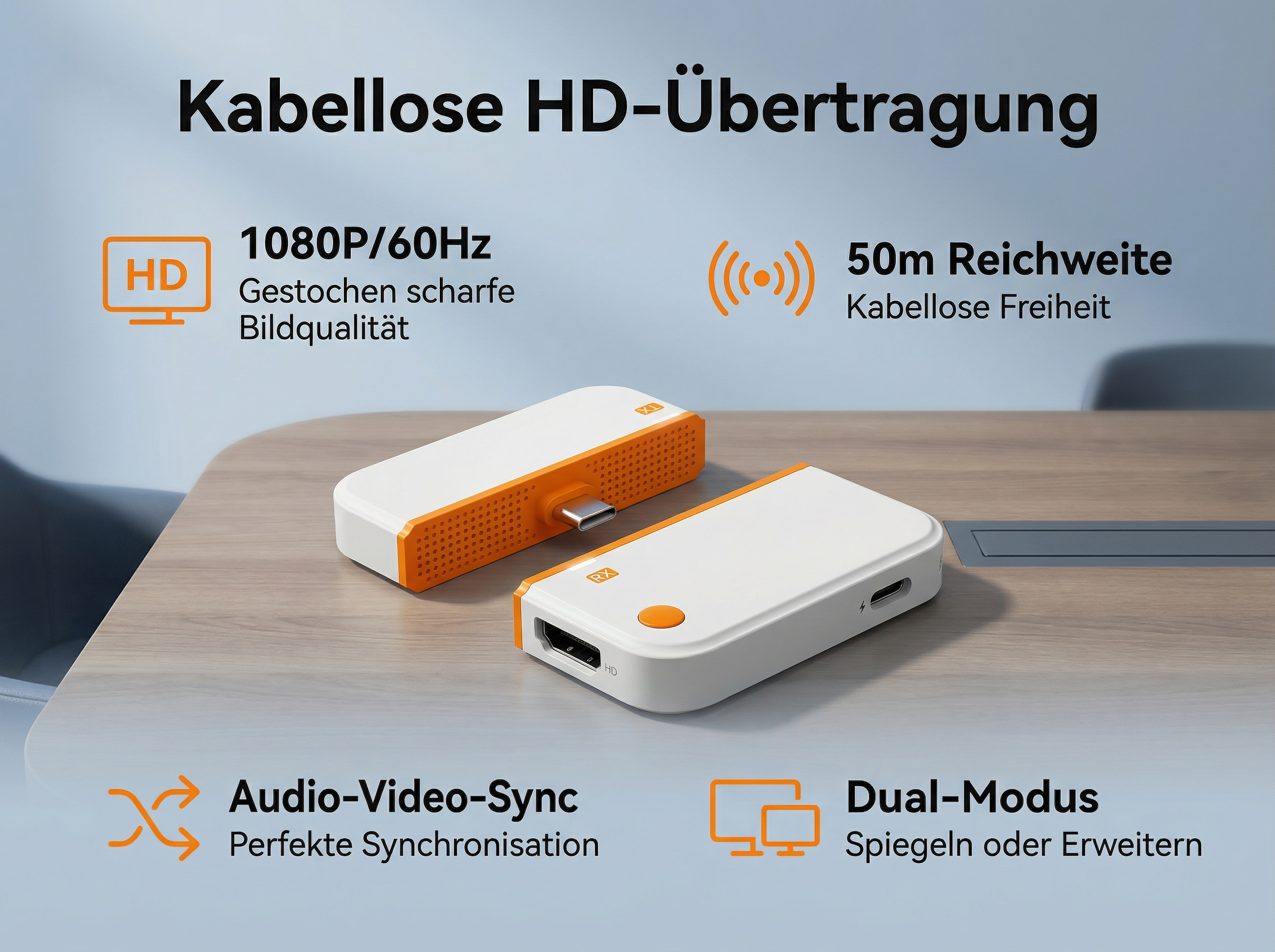 Zwei weiße und orangefarbene HD-Sender/Empfänger auf einem Holztisch.