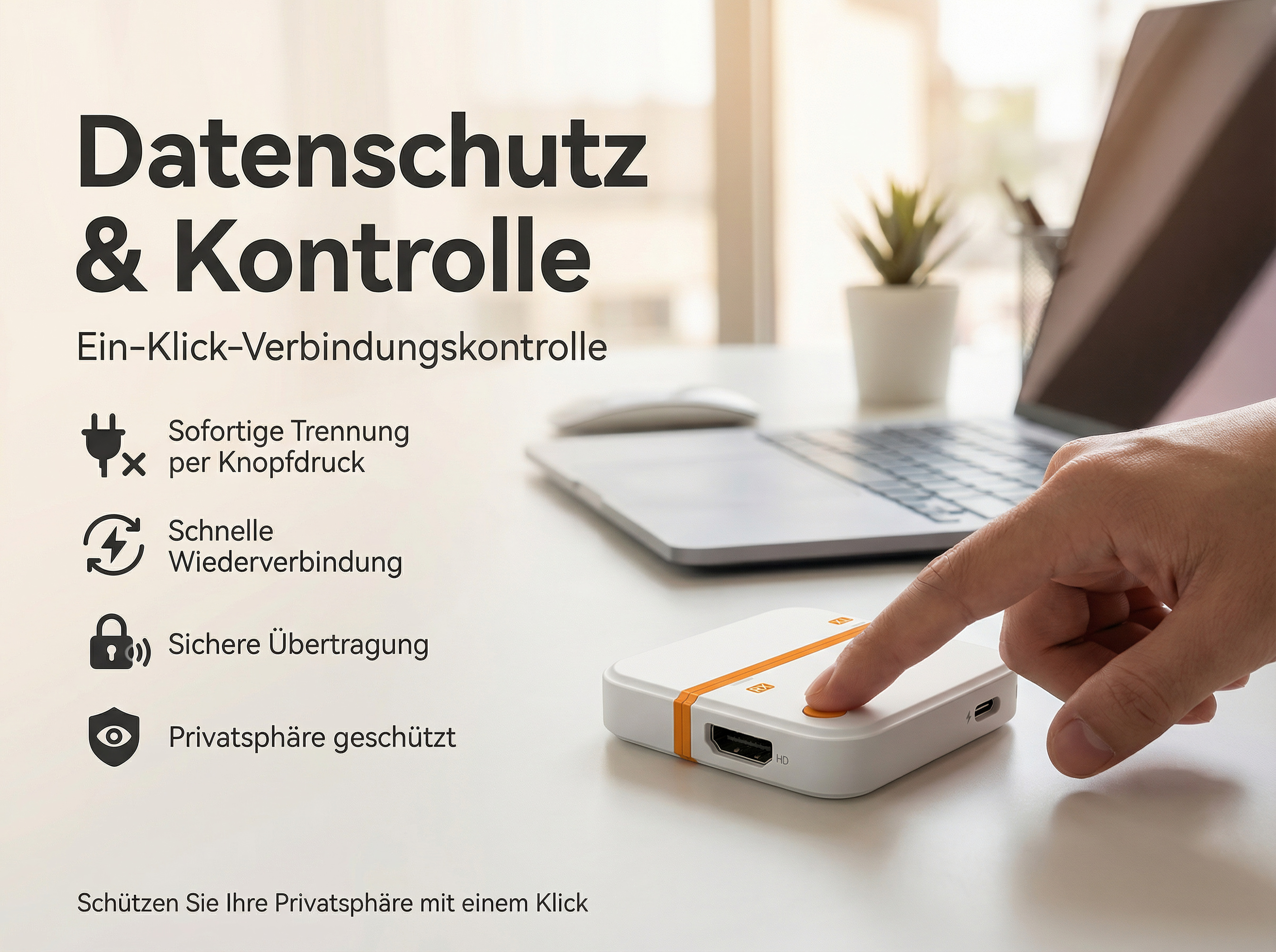 Ein Finger drückt auf einen weißen Kasten mit orangen Akzenten. Datenschutz & Kontrolle.