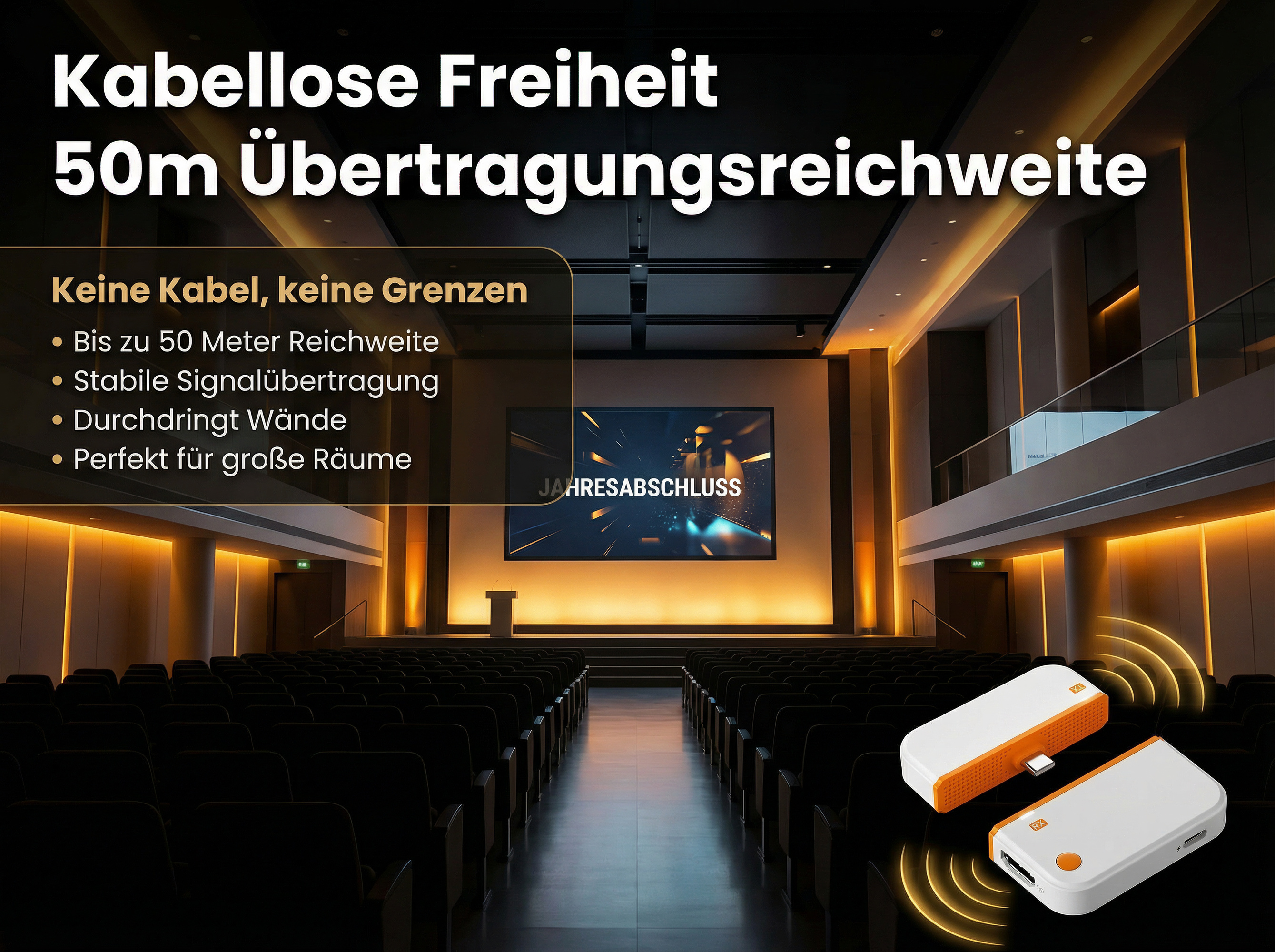 Ein Konferenzraum mit zwei weißen und orangen Geräten im Vordergrund.