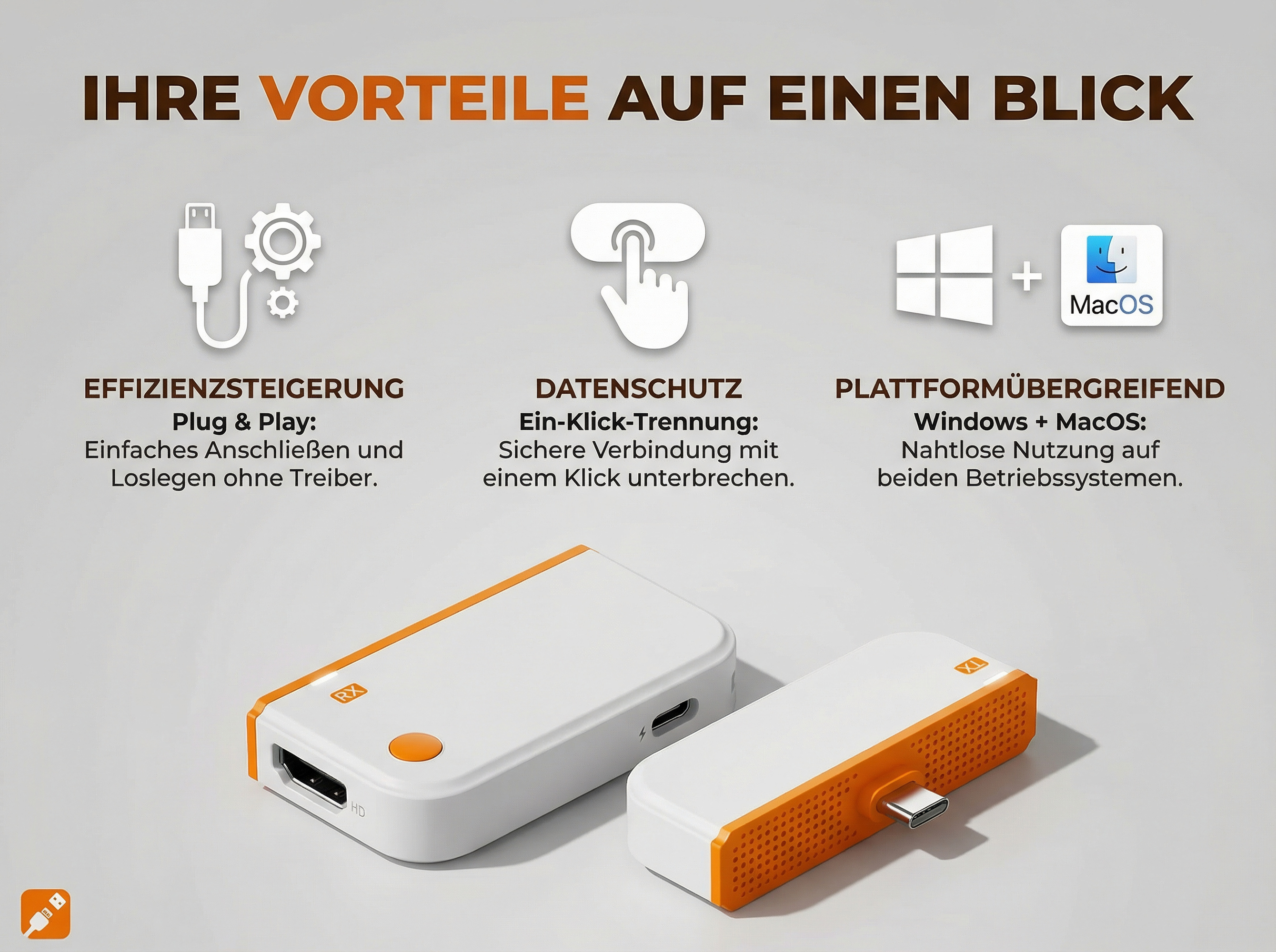 Zwei weiße und orangefarbene Geräte mit Anschlüssen und Symbolen für Plug & Play, Datenschutz und plattformübergreifende Nutzung.