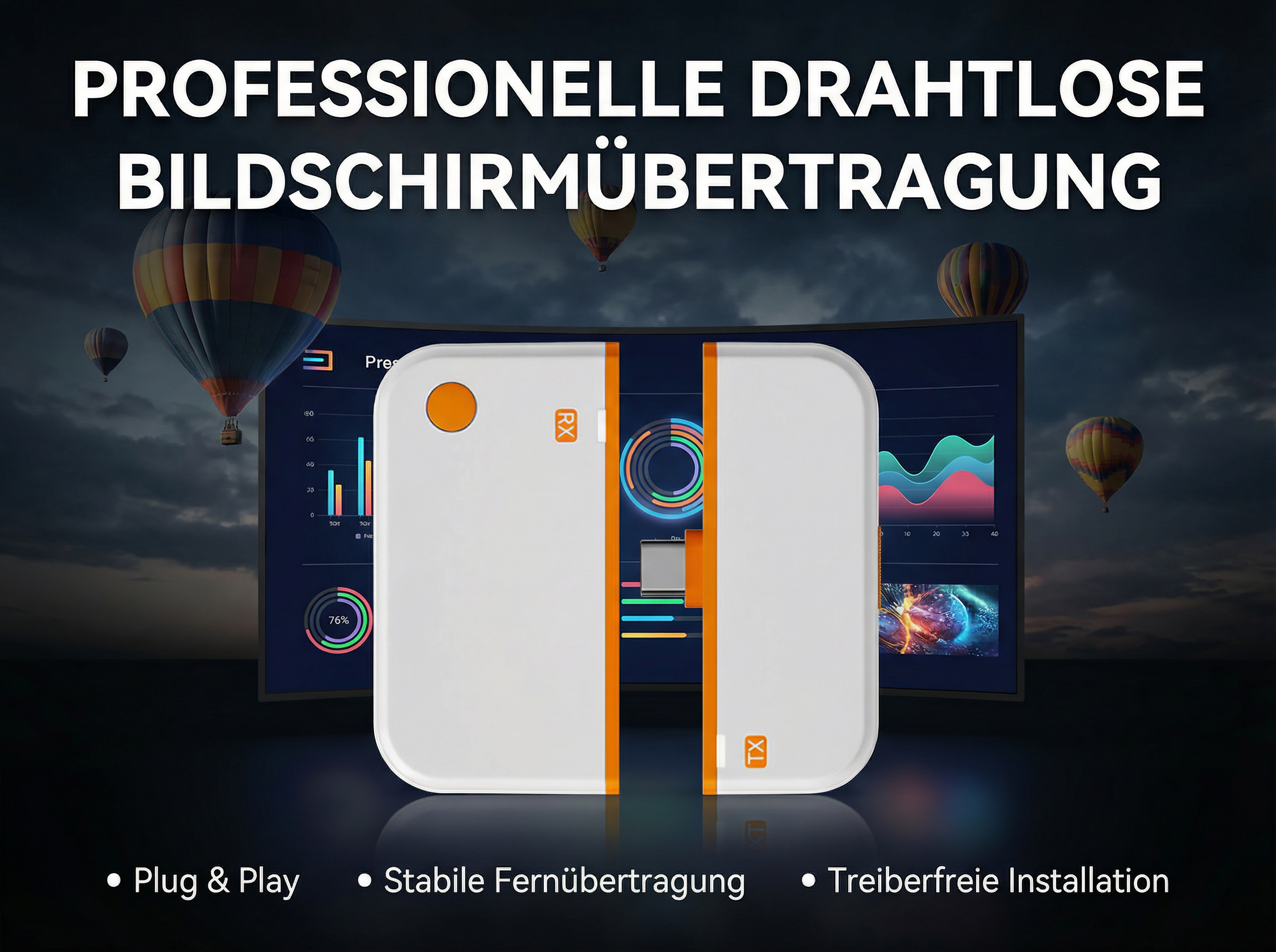 Gerät für drahtlose Bildschirmübertragung mit Grafiken und Heißluftballons.