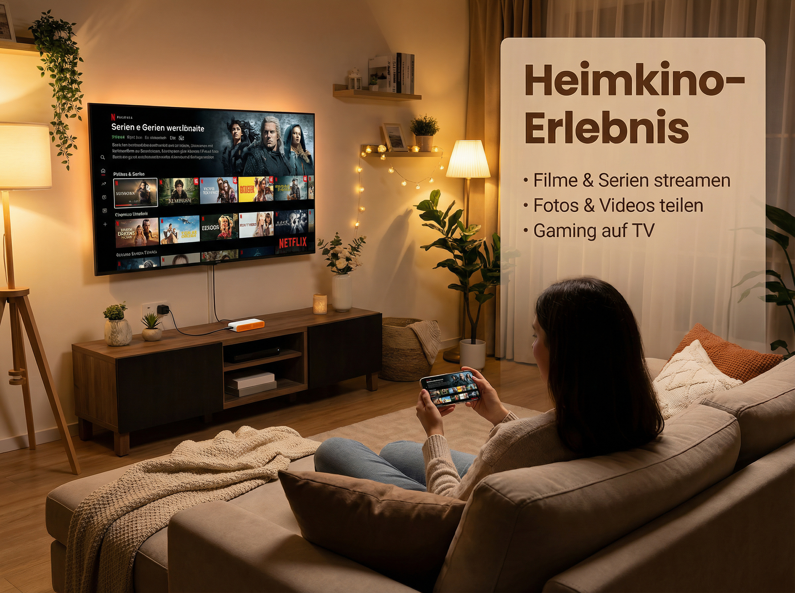 Gemütliches Wohnzimmer mit Frau, die auf Handy schaut. Netflix auf TV.