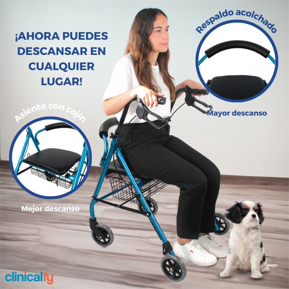 Una mujer sentada en un andador azul con un perro.