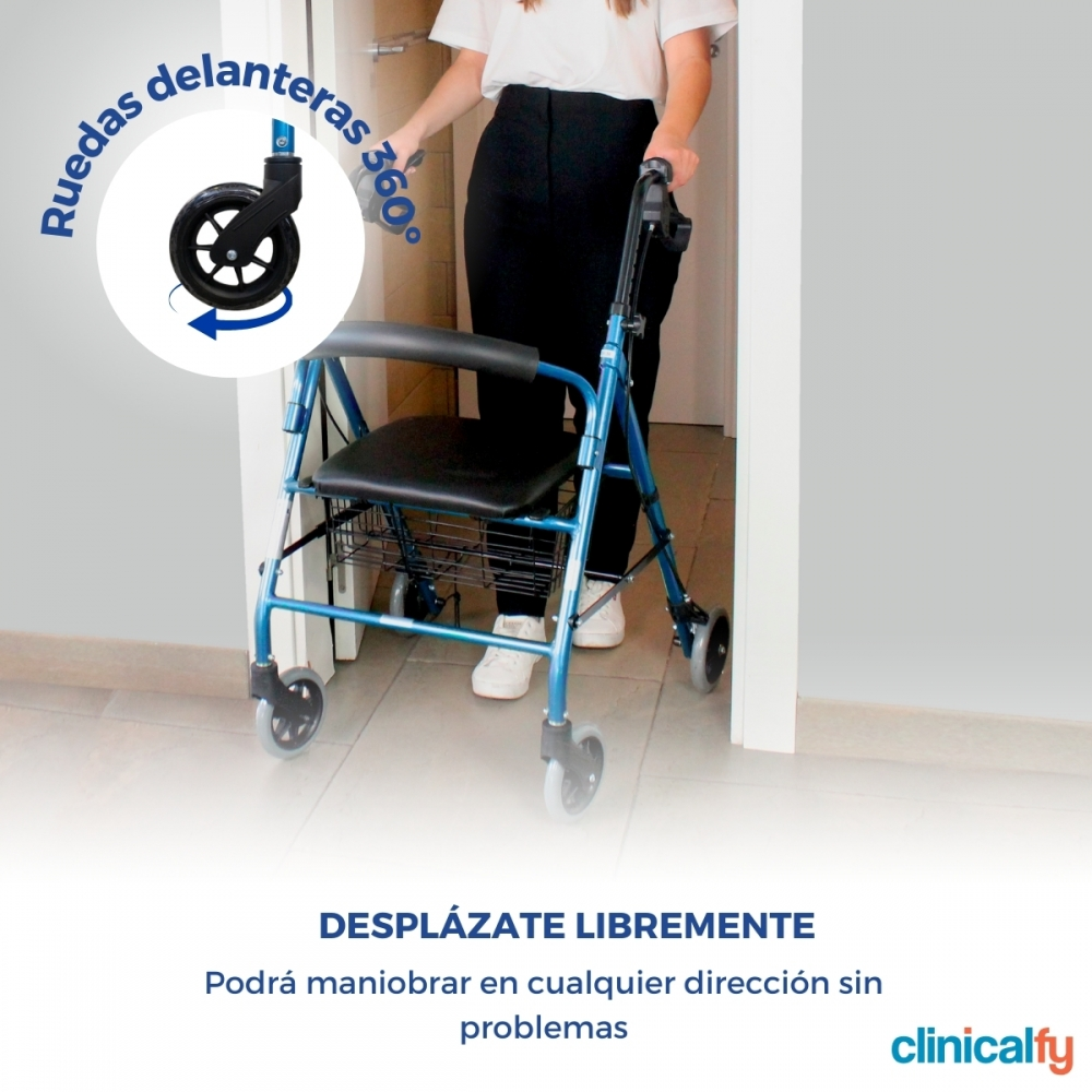 Una persona usa un andador azul con asiento y cesta.