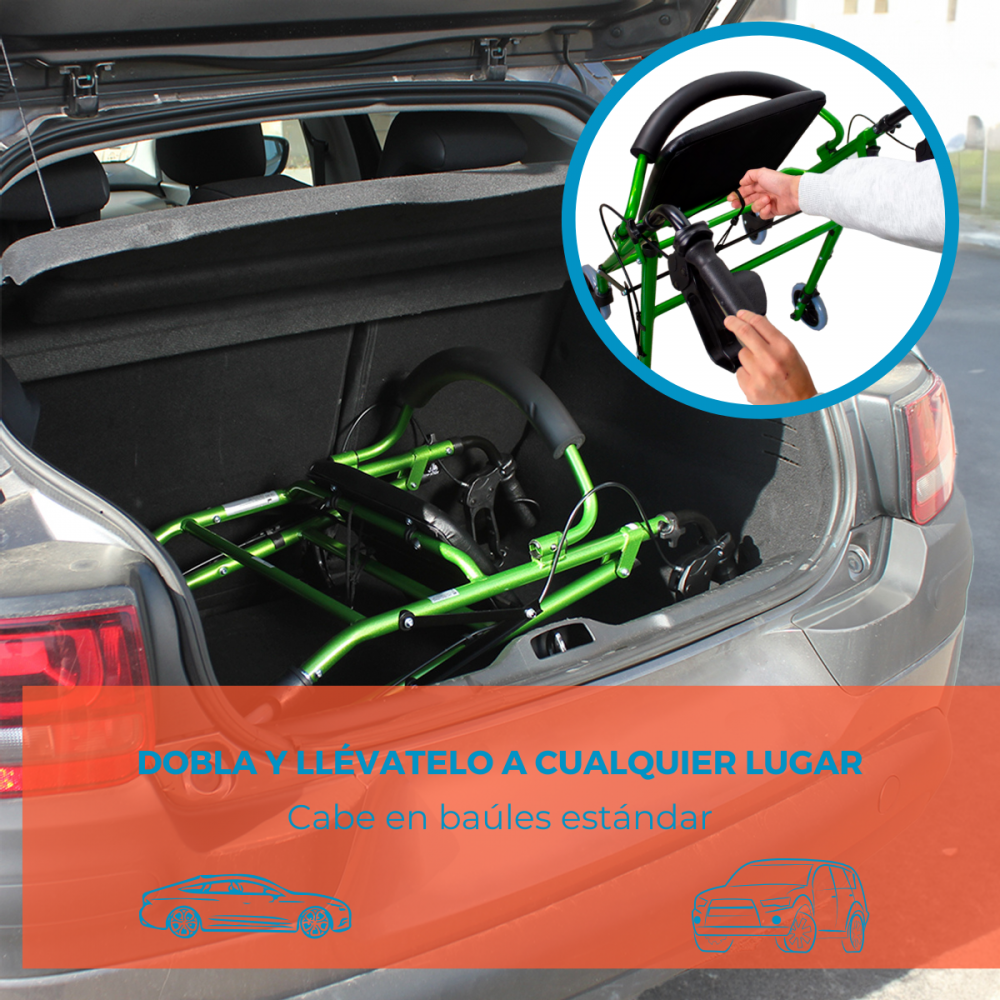 Un andador verde se coloca en el maletero de un coche.