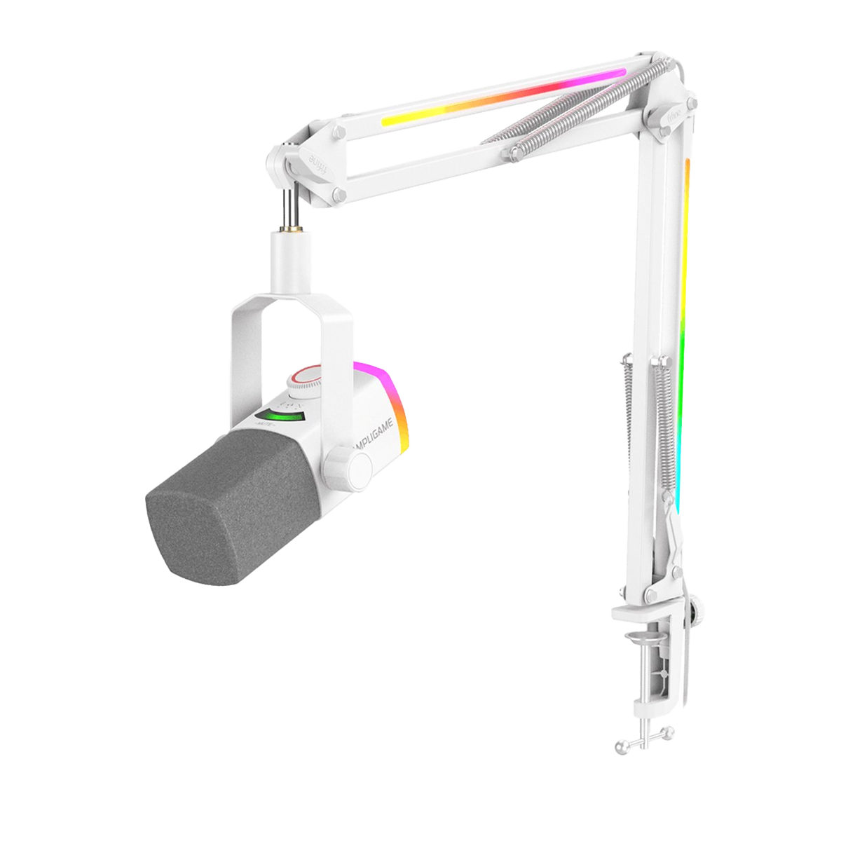 Beyaz mikrofon, RGB aydınlatmalı makas kollu, beyaz arka plan üzerinde.