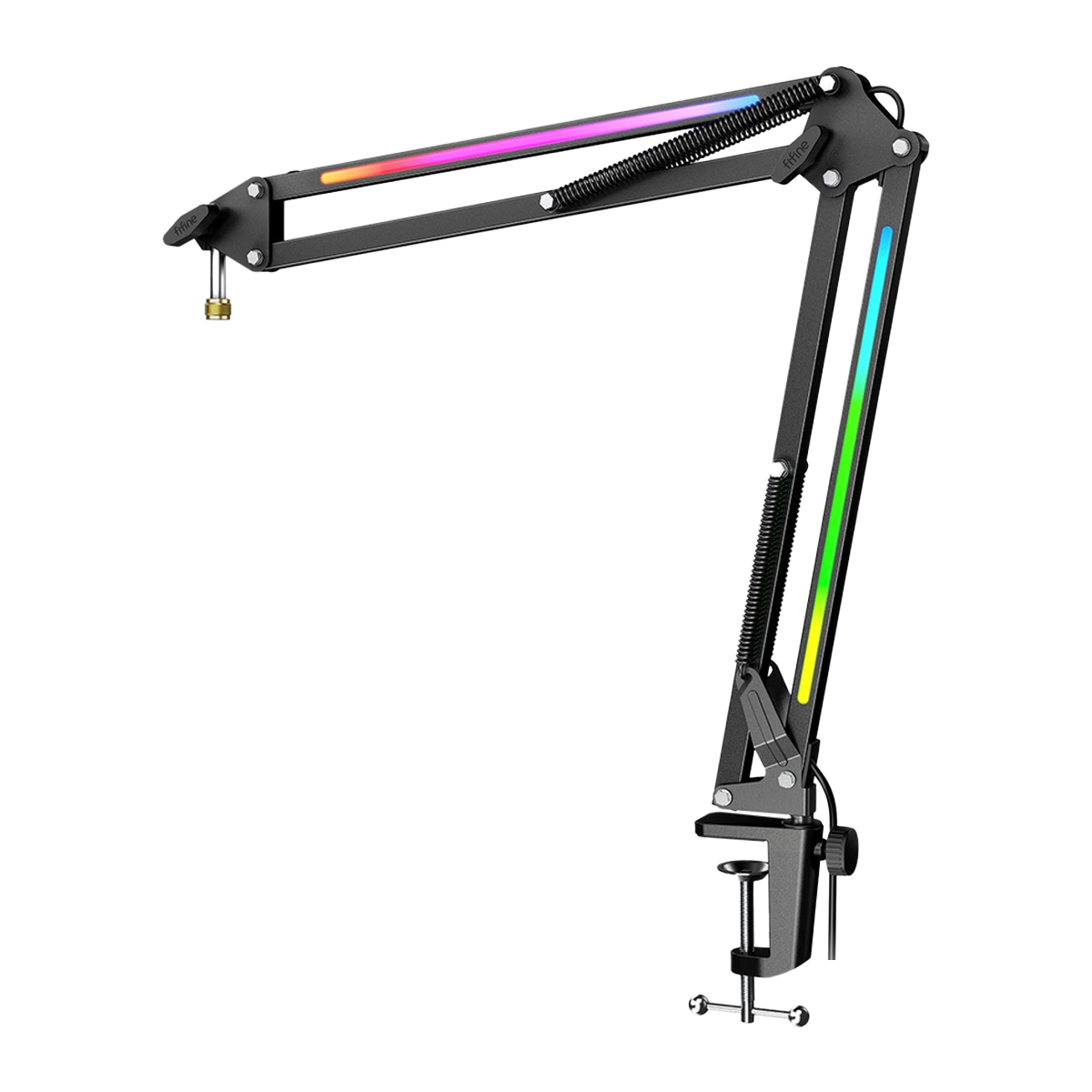RGB aydınlatmalı siyah mikrofon kolu ve masa kelepçesi.