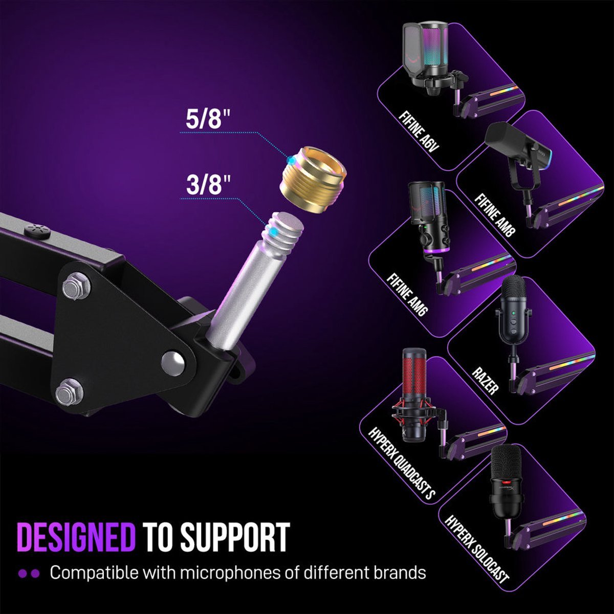 5/8" ve 3/8" adaptör parçalarını gösteren mikrofon kolu.