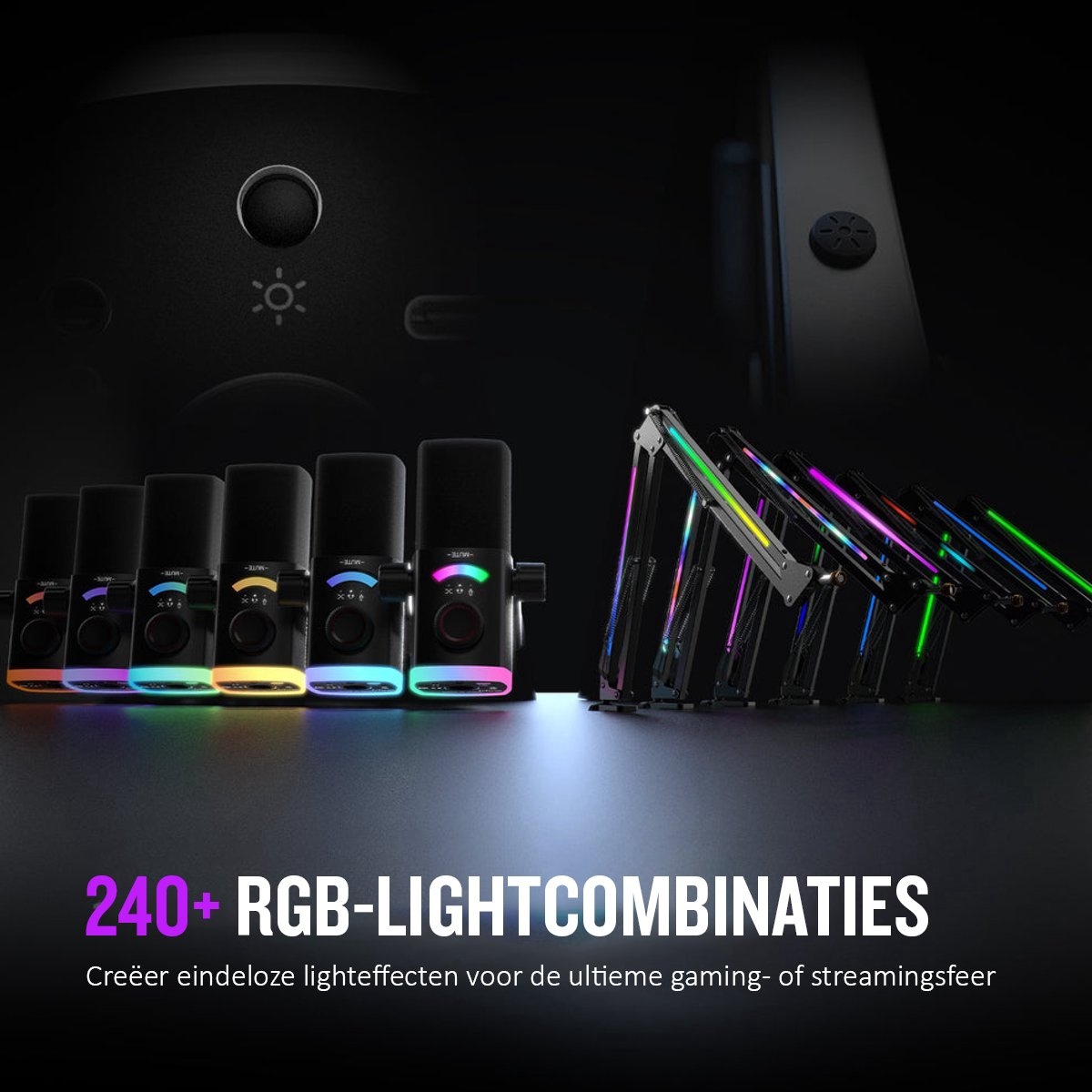 RGB aydınlatmalı birden fazla mikrofon ve ışıklı bir kol.