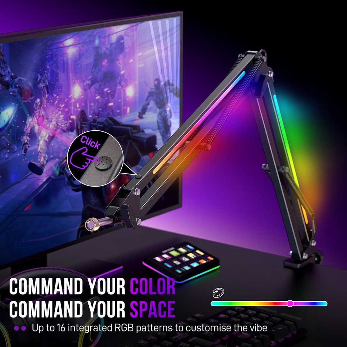 Oyun gösteren monitörlü, RGB kollu, klavyeli ve kulaklıklı bir masa kurulumu.