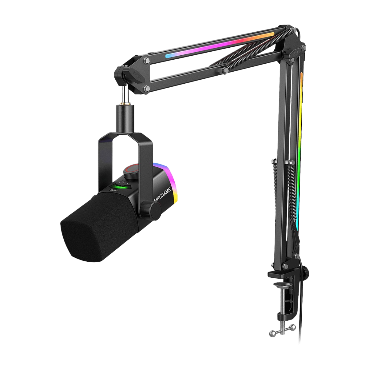 Ayarlanabilir kollu ve RGB aydınlatmalı siyah mikrofon, beyaz arka plan üzerinde.
