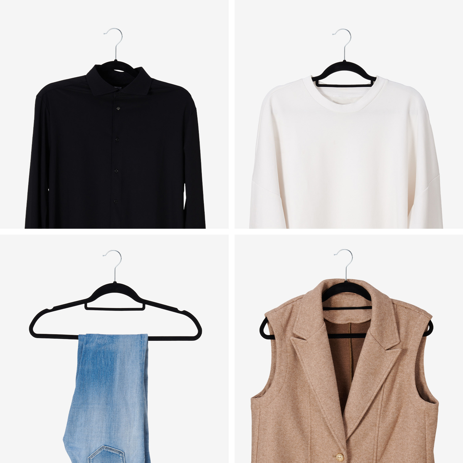 Vier kledingstukken: zwart overhemd, witte trui, spijkerbroek en beige vest.