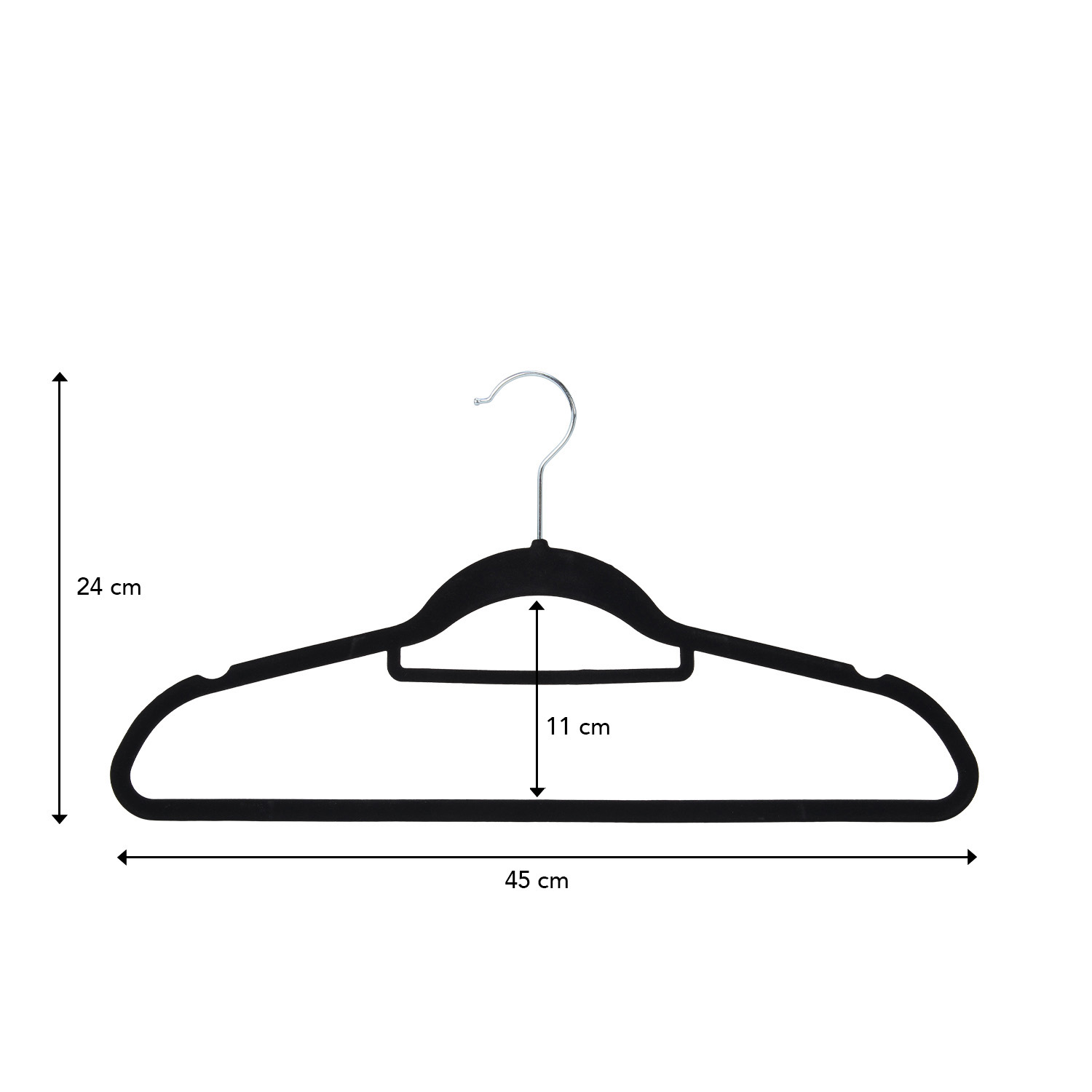 Zwarte kledinghanger met afmetingen: 45 cm breed, 24 cm hoog, 11 cm diep.