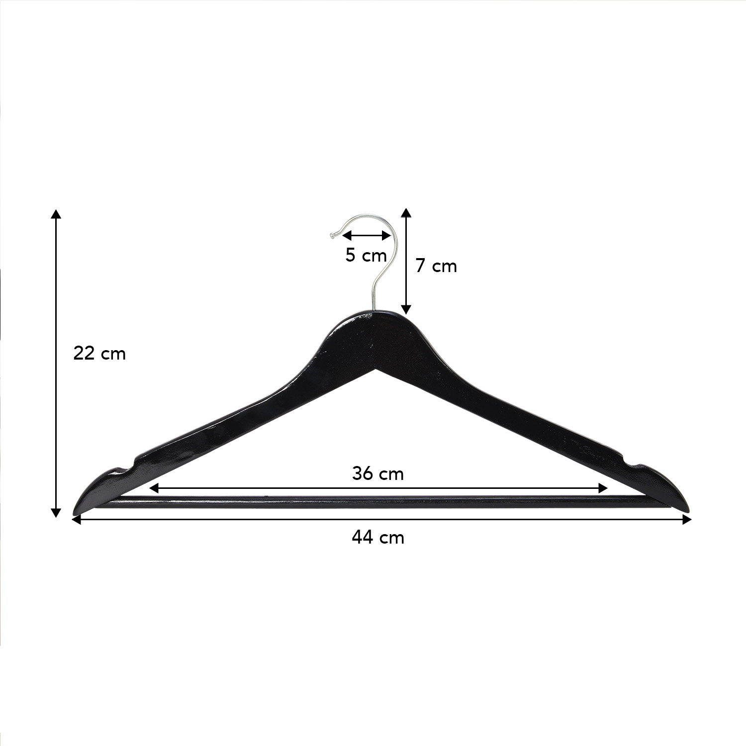 Zwarte houten kledinghanger met afmetingen: 22cm hoogte, 44cm breedte, 7cm haaklengte.