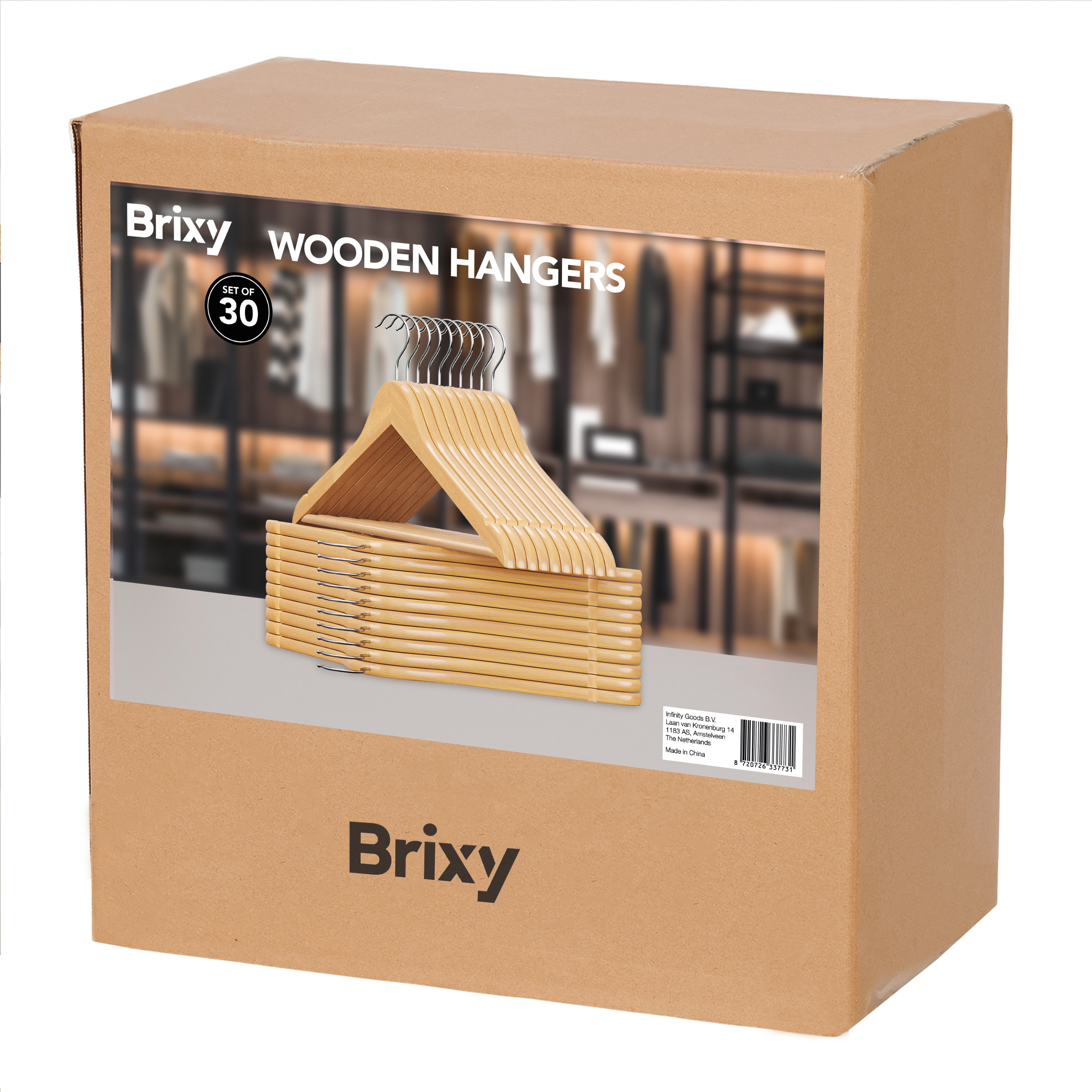 Kartonnen doos met 30 kledinghangers van hout. Merk Brixy.