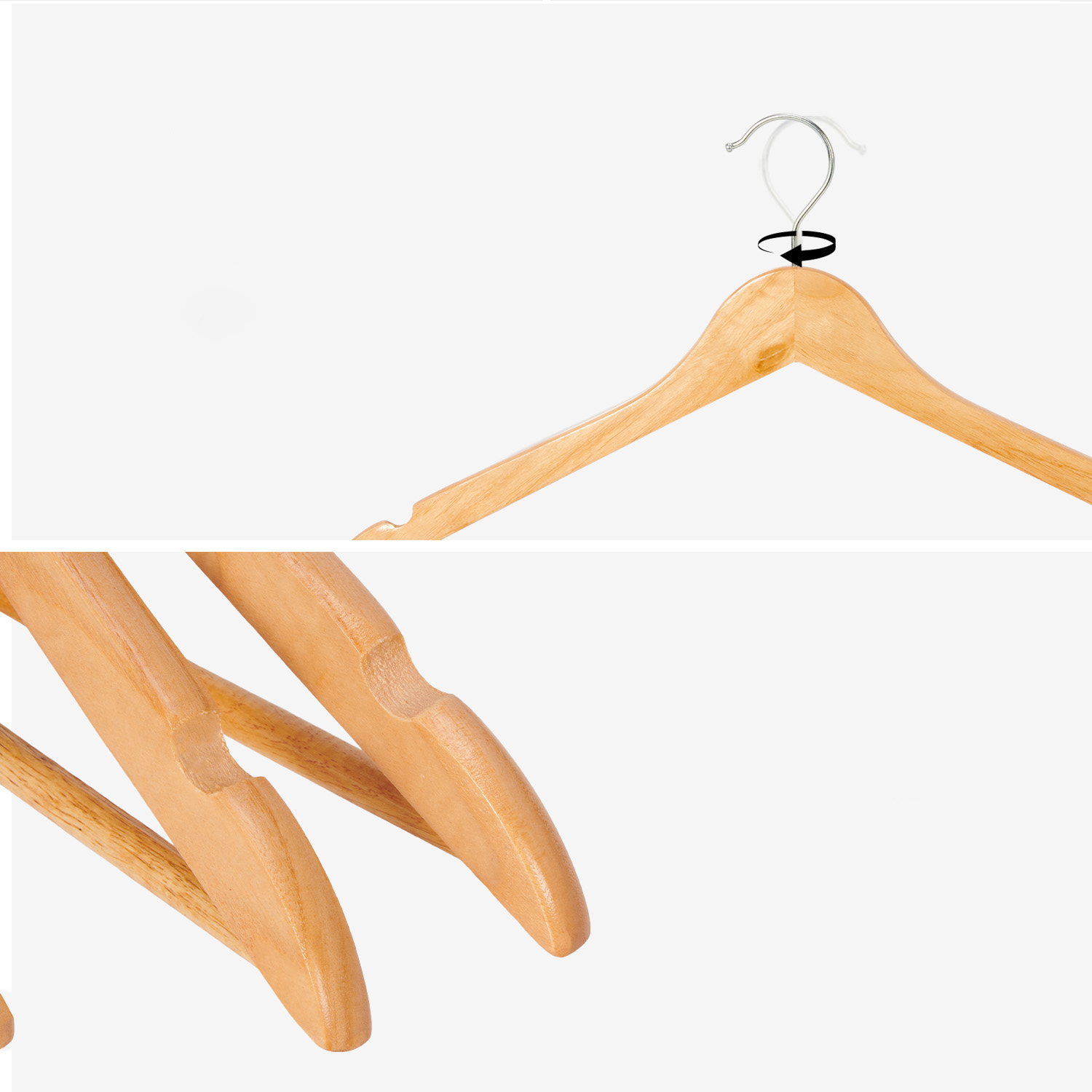 Twee houten kledinghangers met draaibare haak op witte achtergrond.