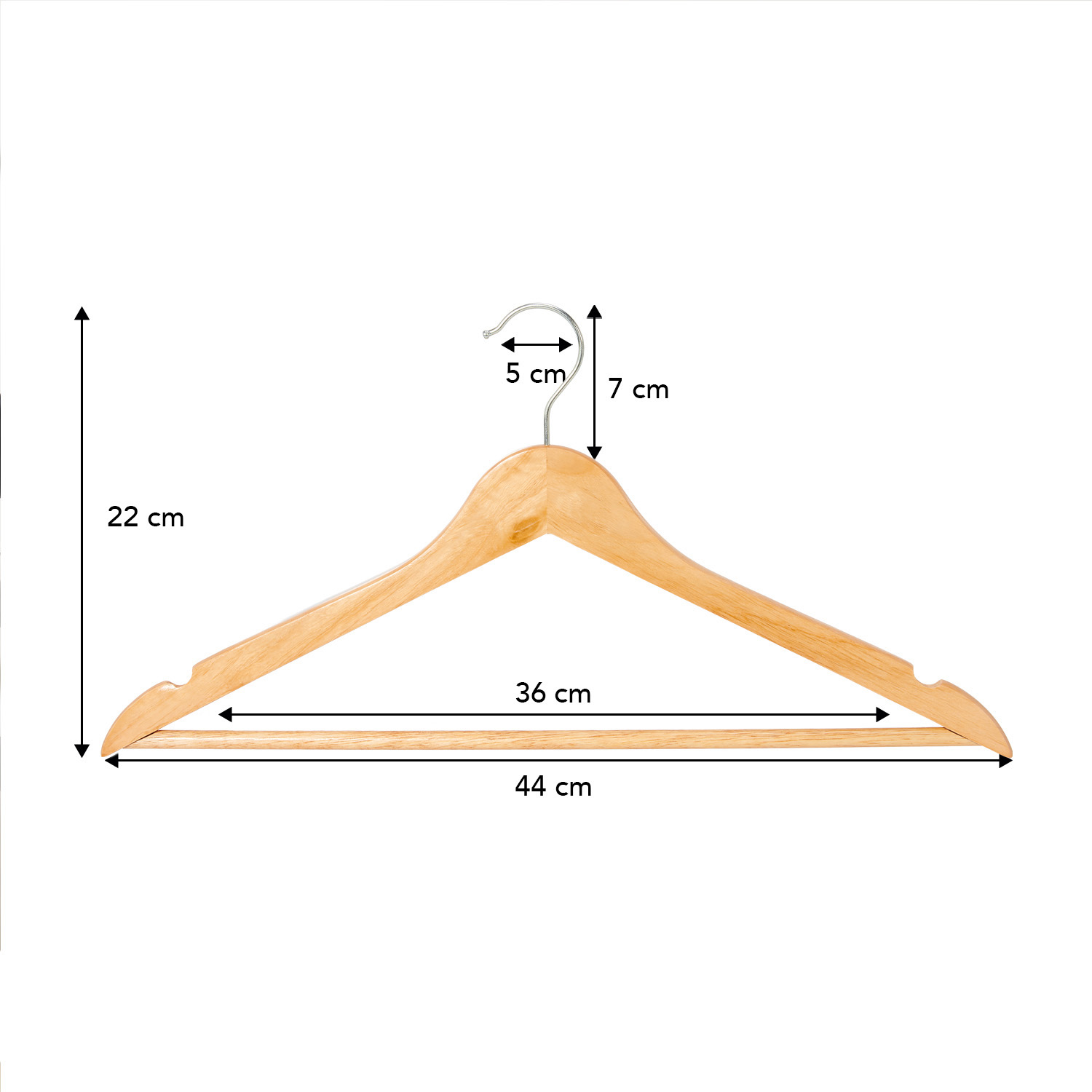 Houten kledinghanger met afmetingen: Hoogte 22cm, Haakhoogte 7cm, Breedte 44cm.