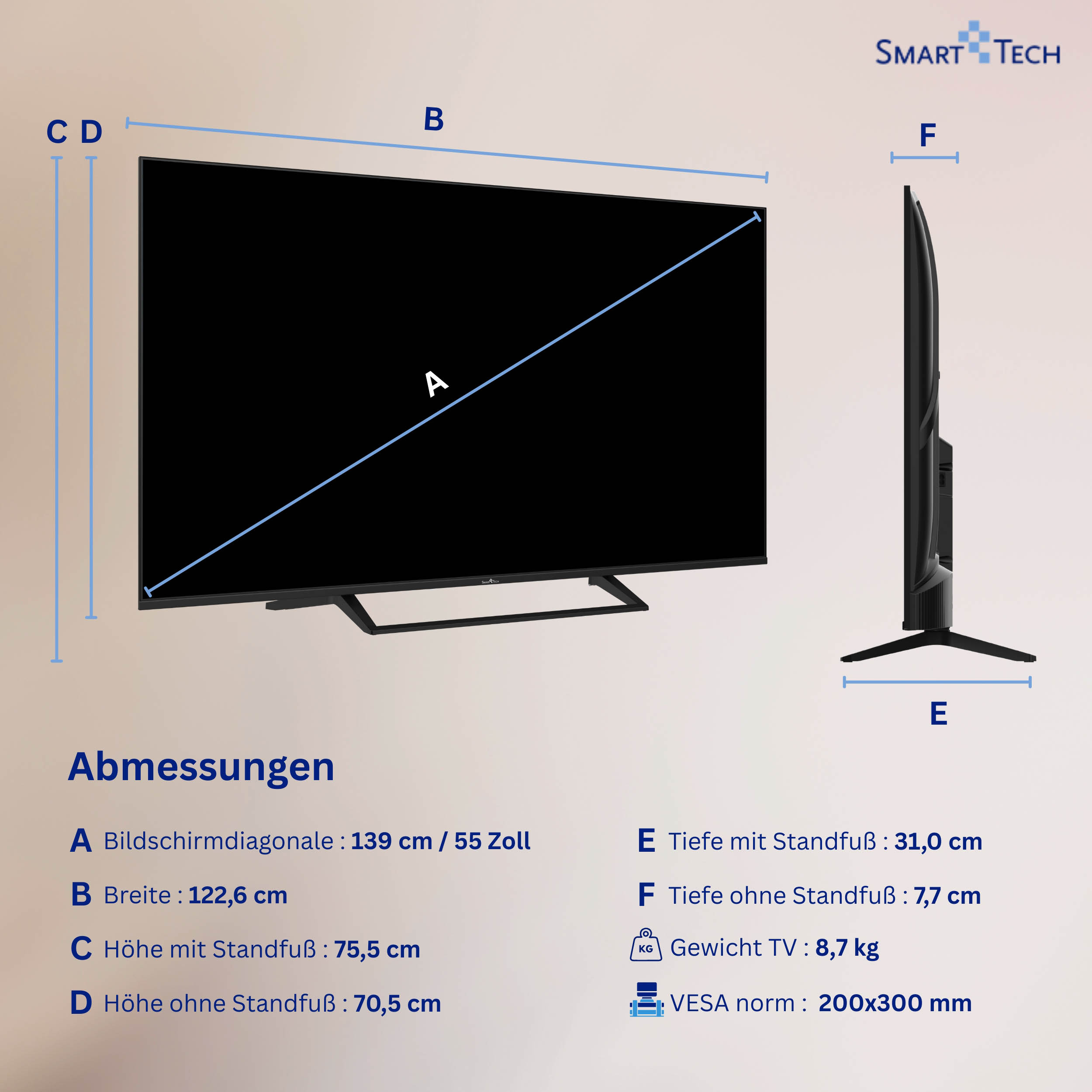 Technische Maße eines Fernsehers mit Standfuß. Bildschirmdiagonale 139cm.