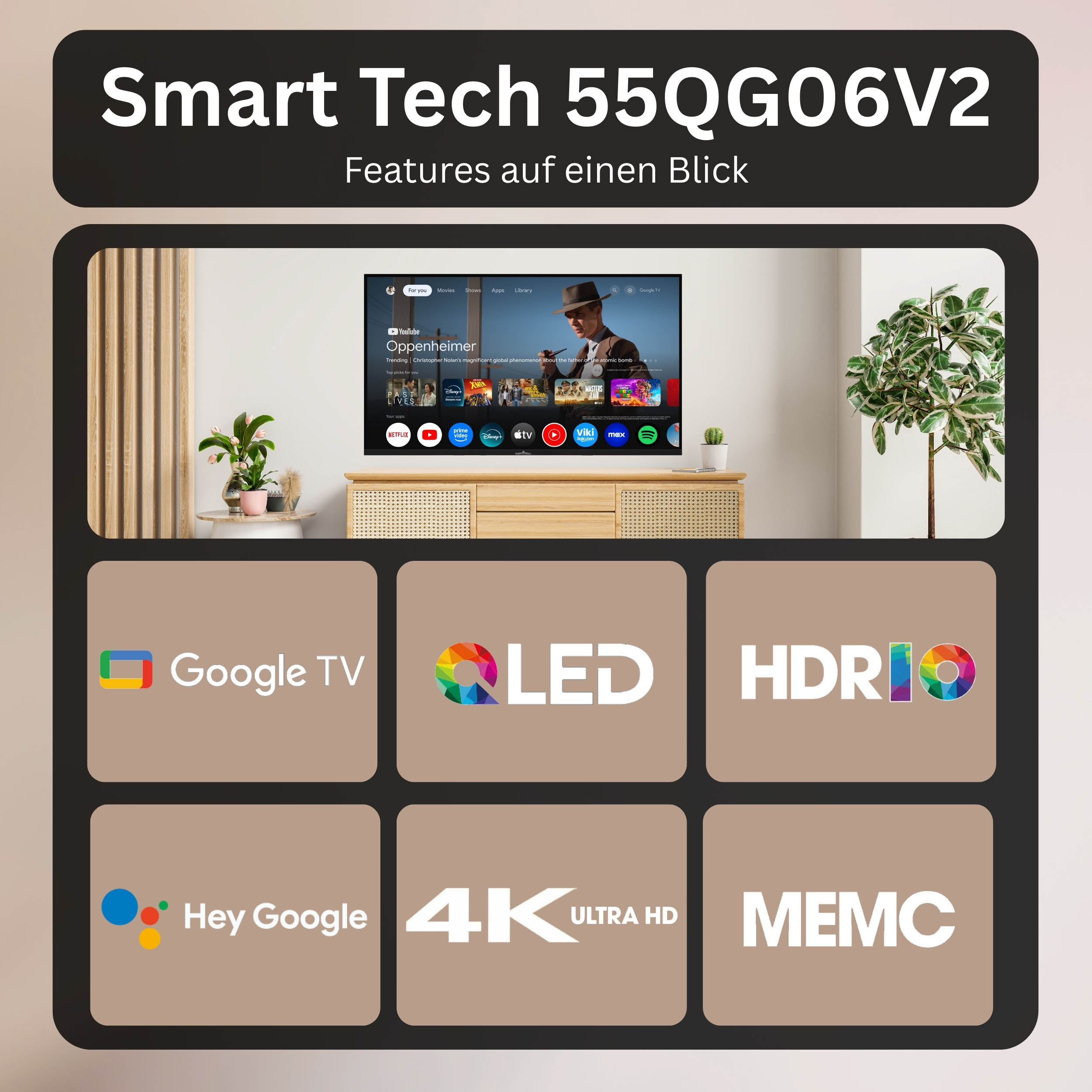 Smart TV mit Google TV, QLED, HDR10, Hey Google, 4K Ultra HD und MEMC.