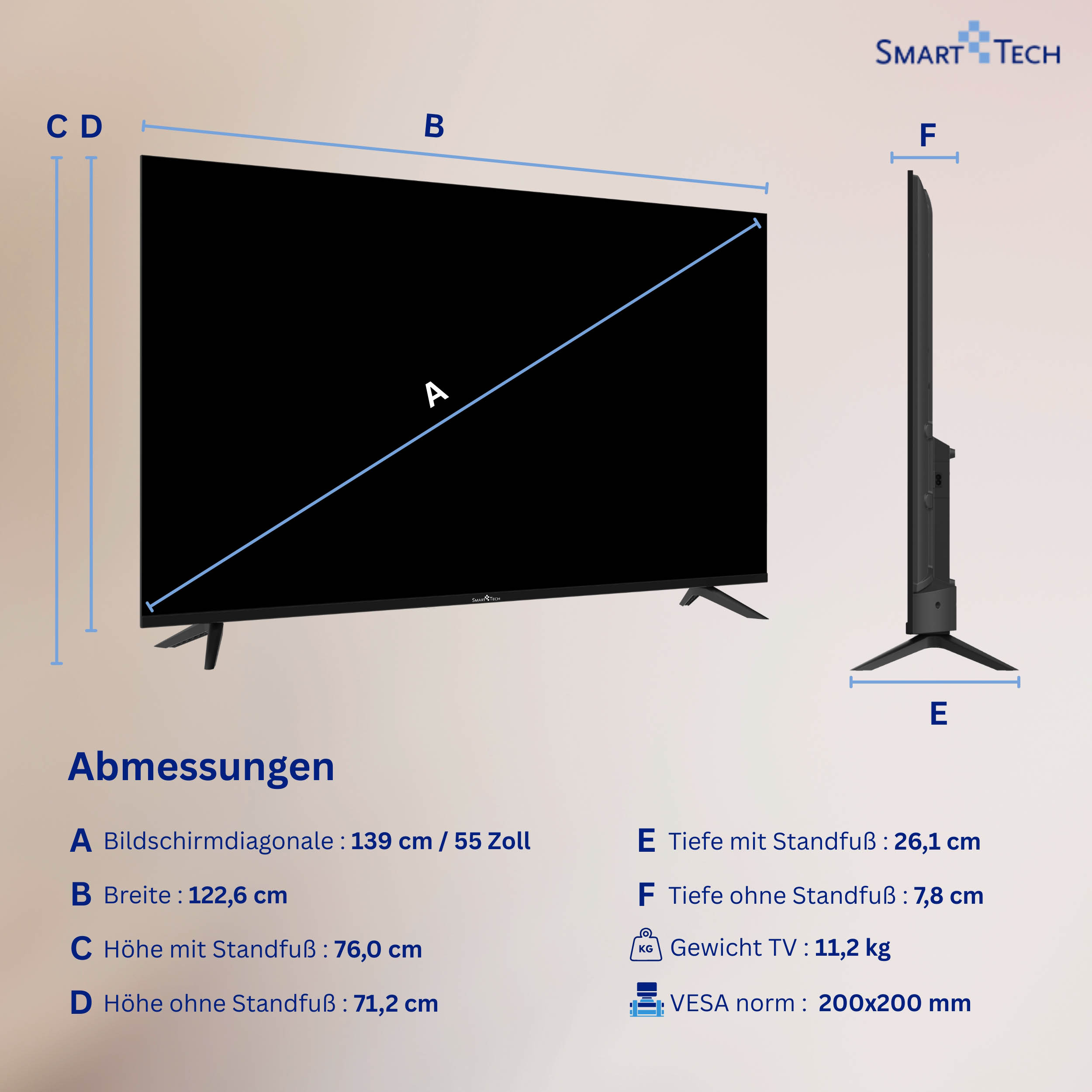 Telewizor Smart Tech z wymiarami: 139cm przekątna, 122.6cm szerokość, 76cm wysokość.
