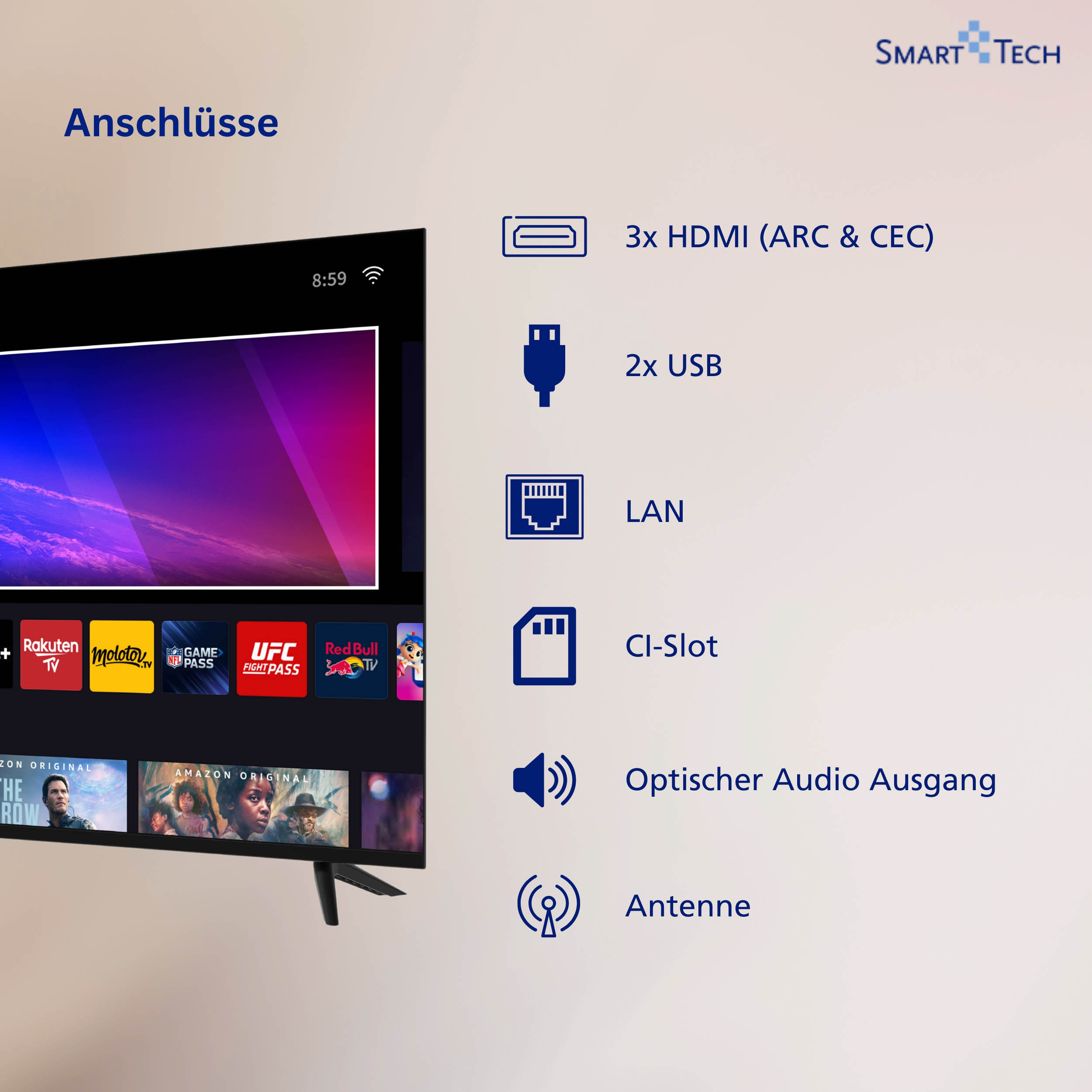 Telewizor pokazujący połączenia: 3x HDMI, 2x USB, LAN, CI-Slot, Optyczne Wyjście Audio, Antena.