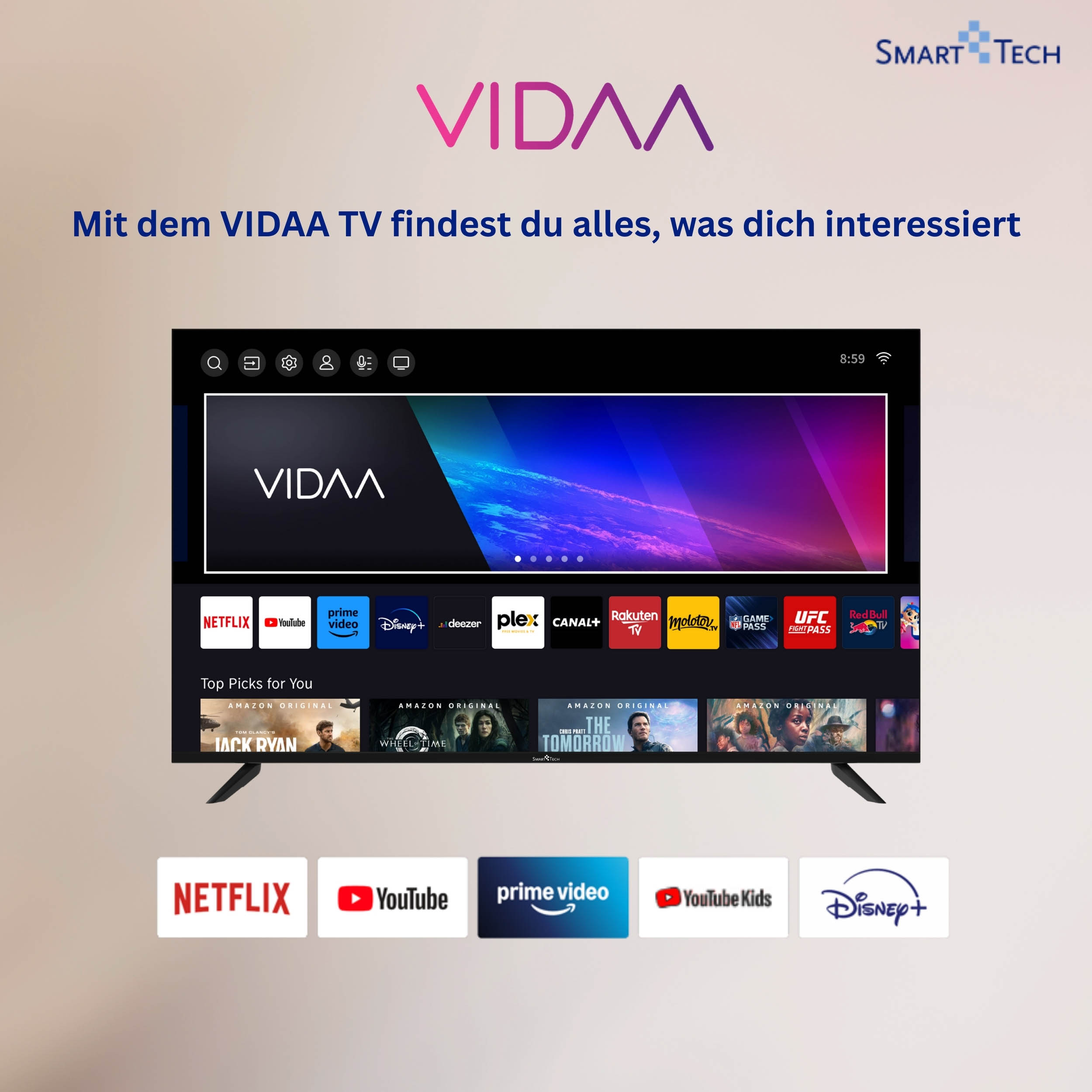 Smart TV VIDAA z aplikacjami takimi jak Netflix, YouTube, Prime Video i Disney+.