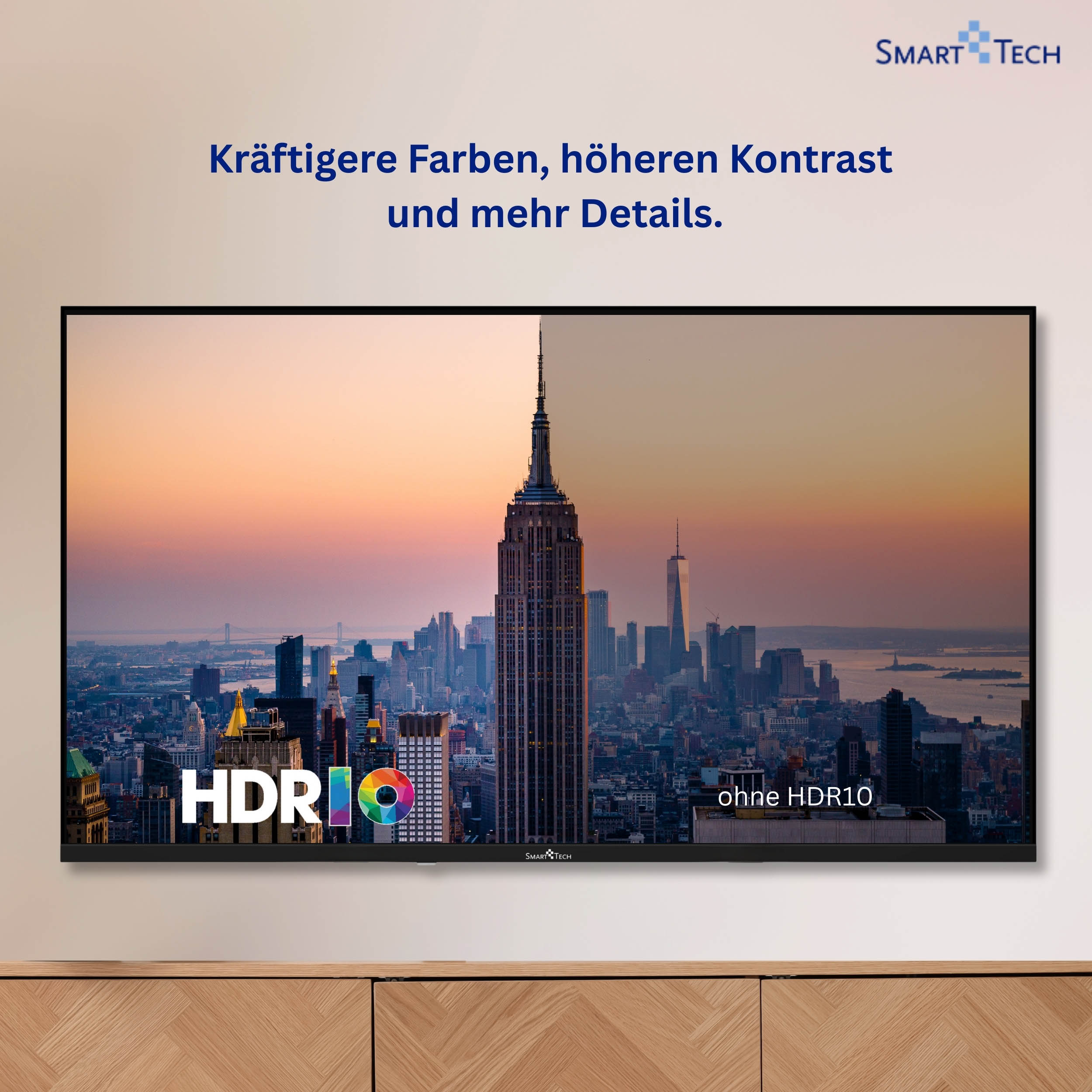 Telewizor wyświetla panoramę miasta o zachodzie słońca z napisem HDR10.