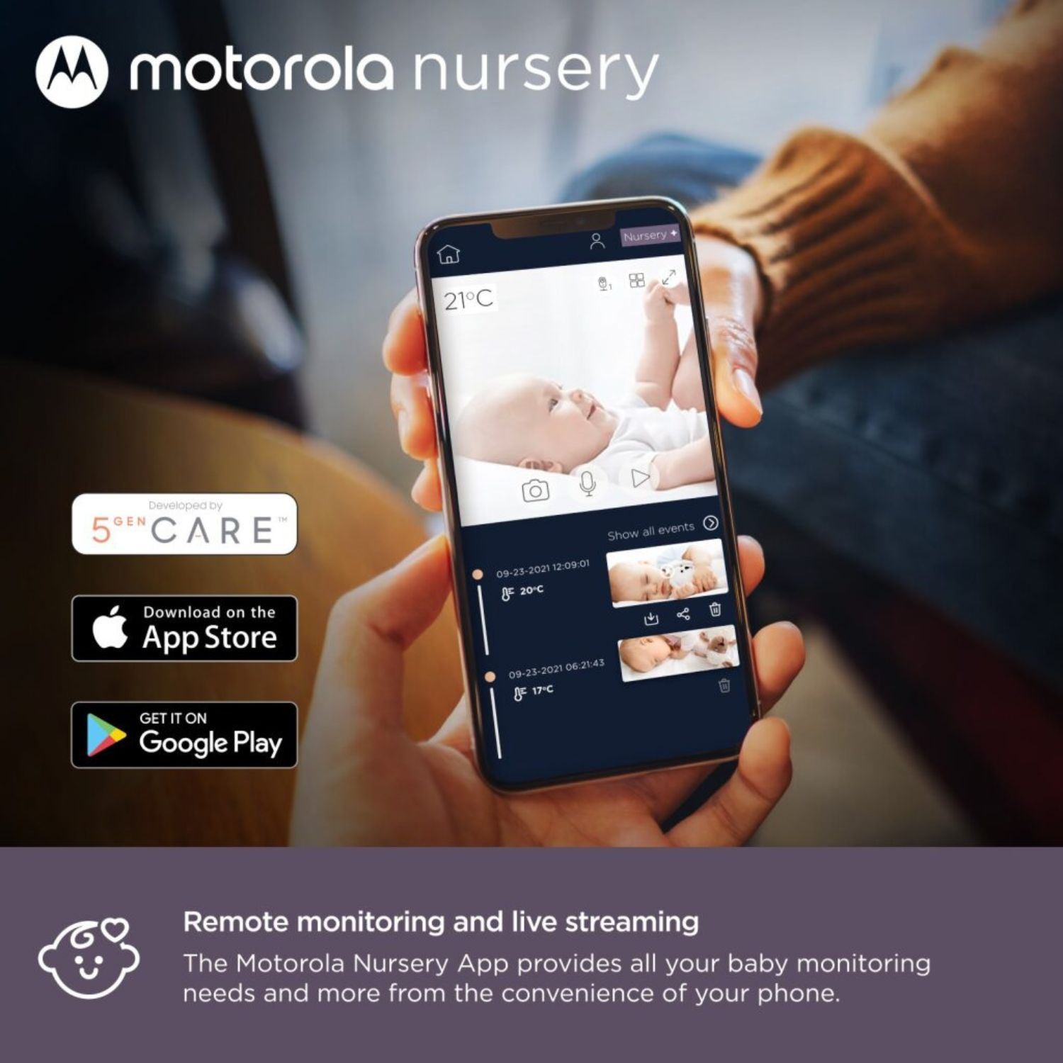 Ein Handy zeigt die Motorola Nursery App mit Babybildern und Temperatur.