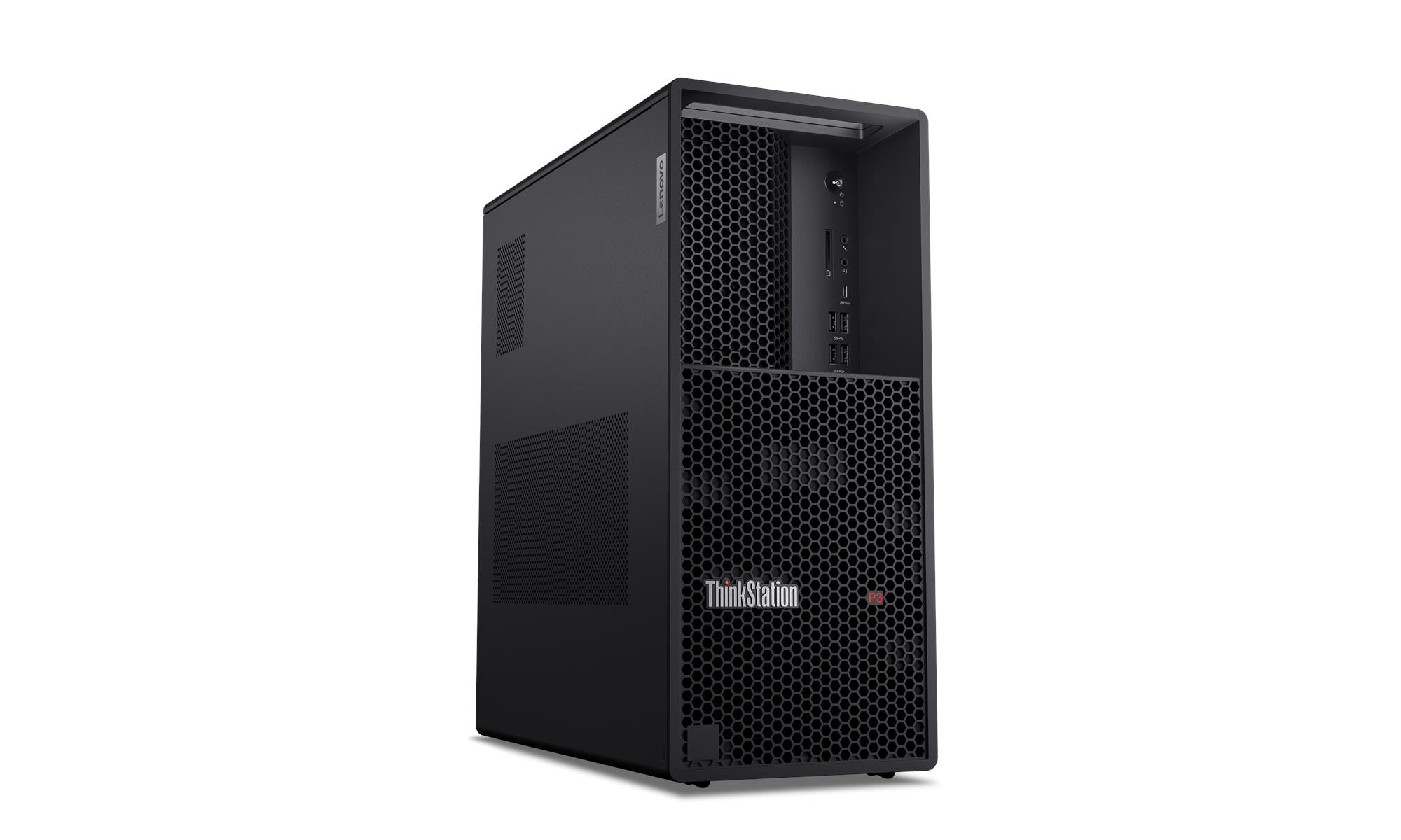 Computer desktop Lenovo ThinkStation nero con prese d'aria a nido d'ape e porte.