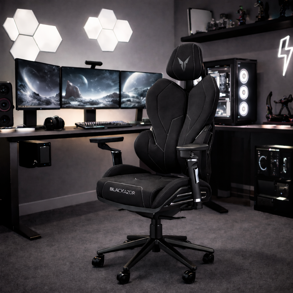Czarny fotel gamingowy przed biurkiem z trzema monitorami i komputerem.