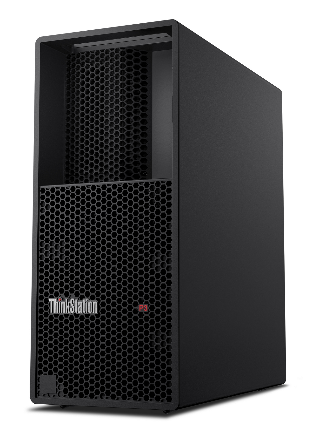 Case PC tower nero ThinkStation P3 con pannello frontale a nido d'ape.