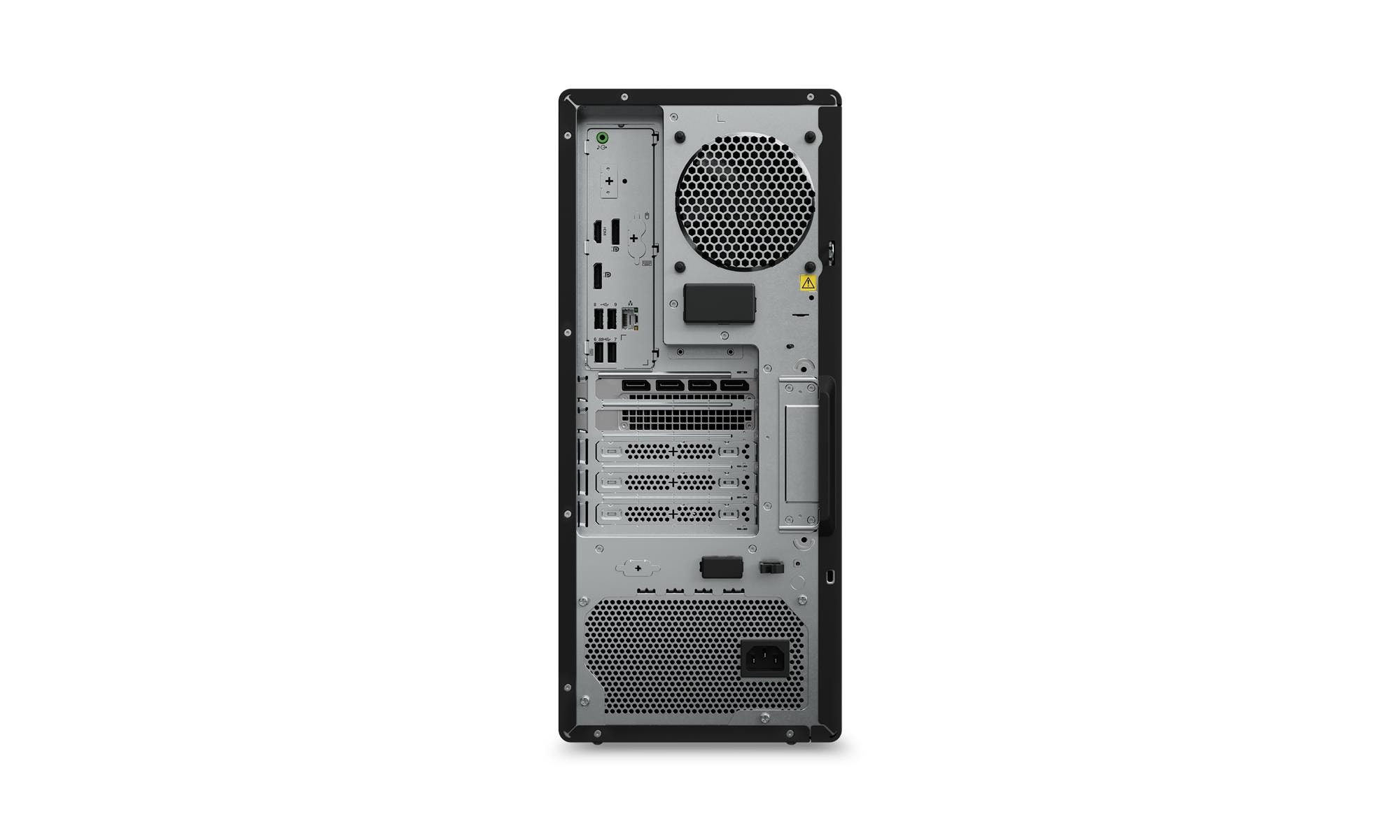 Retro di un PC nero con porte come USB, HDMI, Ethernet e connettore di alimentazione.
