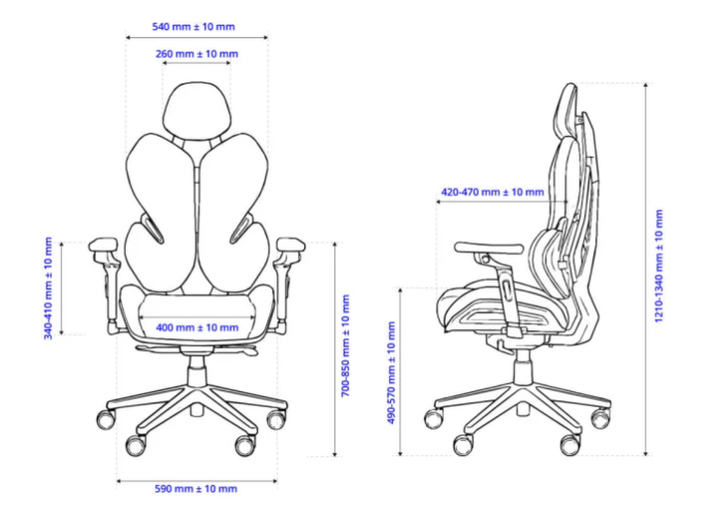 Rysunek techniczny krzesła biurowego z wymiarami w mm.