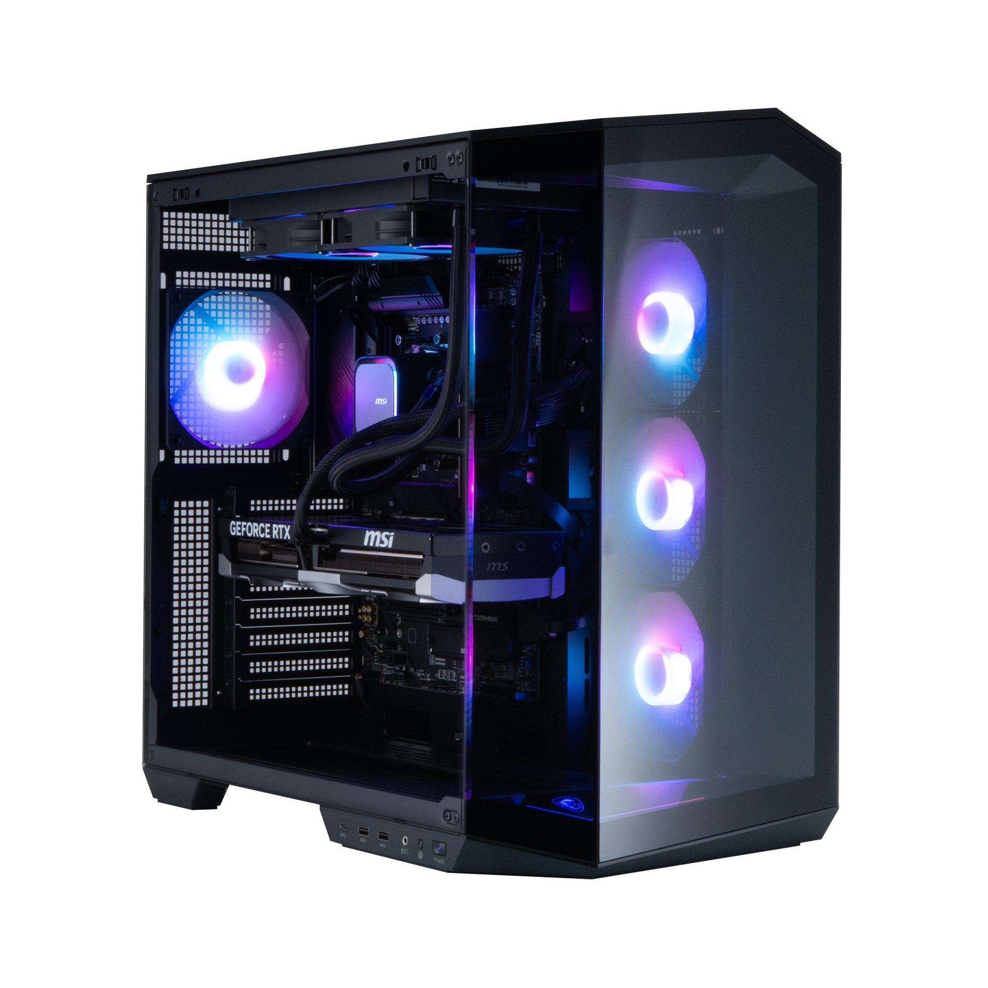 An open PC tower with RGB fans and a graphics card.