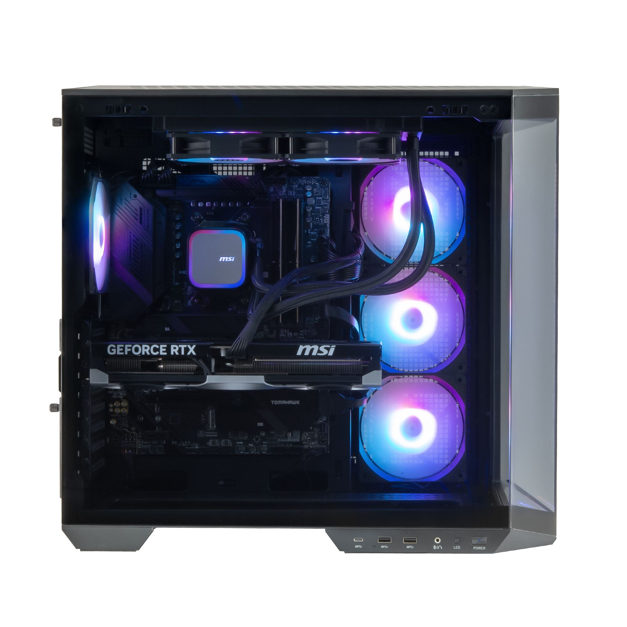 An open PC case with RGB fans and an RTX graphics card.
