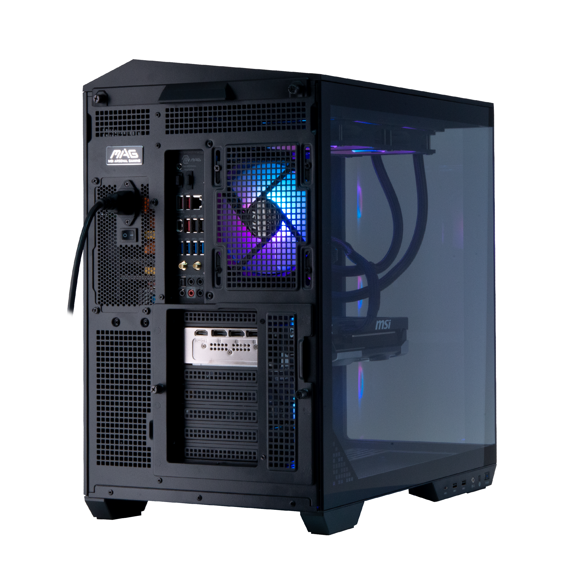 Back of a PC with RGB fan, ports, and cables. Glass front panel visible.