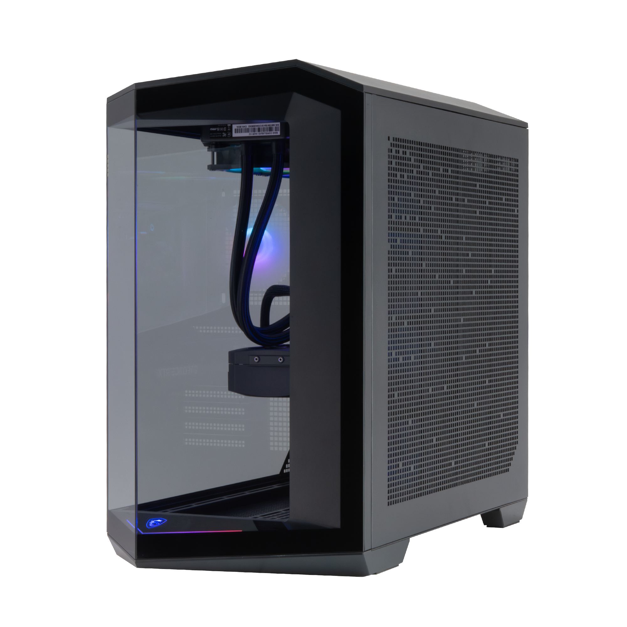A modern PC tower with a glass front, RGB lighting, and vented sides.