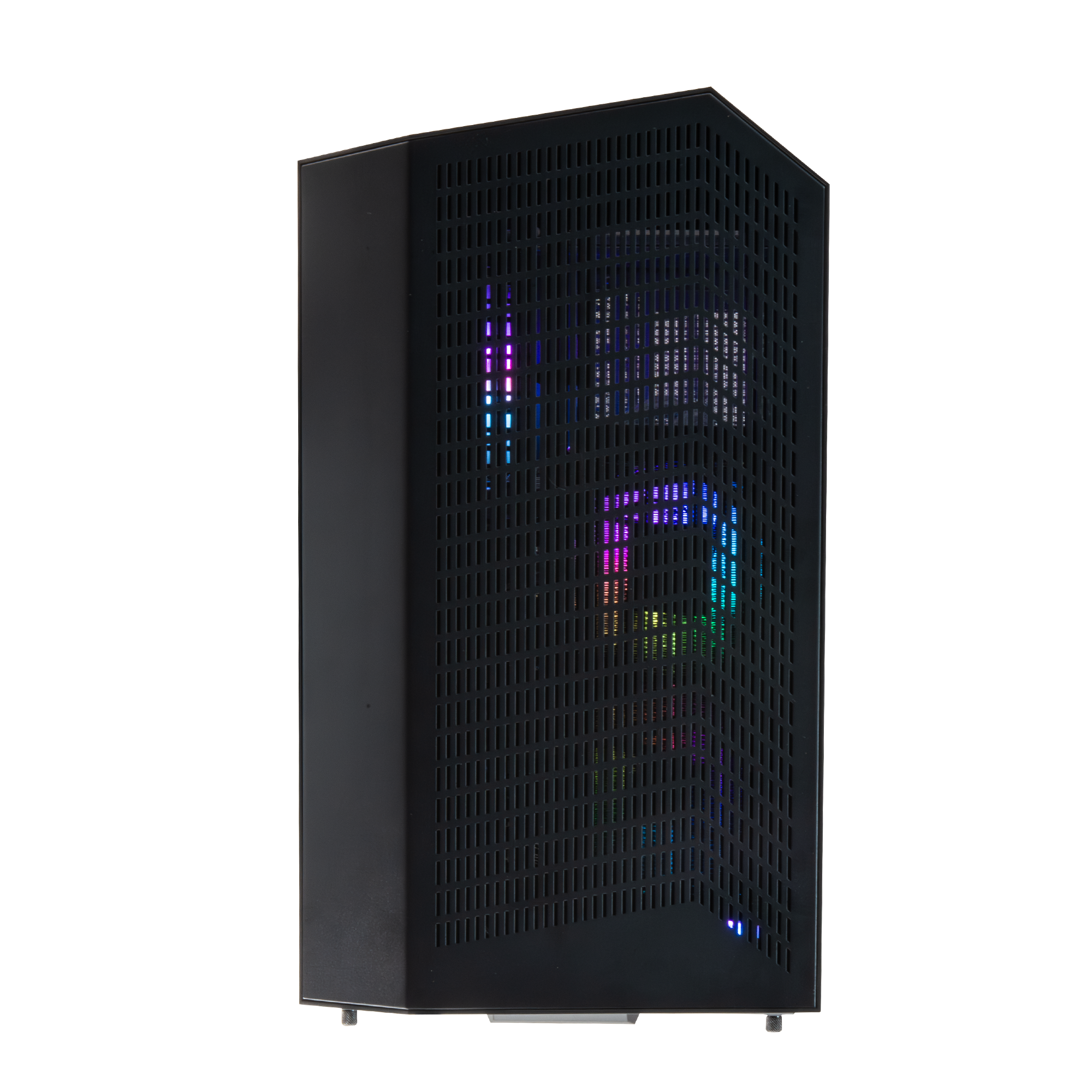 Black computer case with RGB lighting and a perforated front panel.