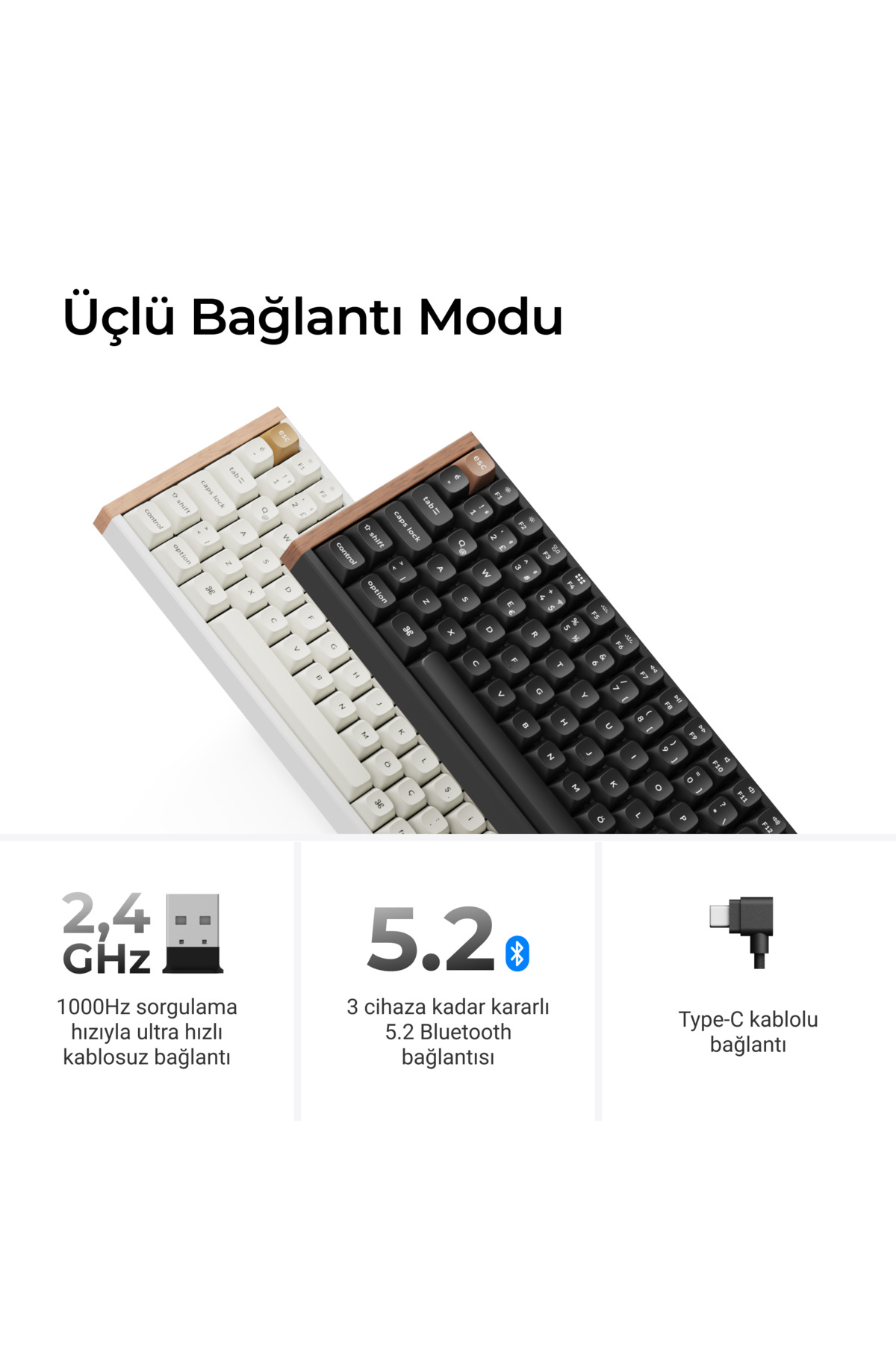 Ahşap çerçeveli iki klavye, biri beyaz, diğeri siyah. Altında 2,4 GHz, Bluetooth 5.2 ve USB-C ikonları.