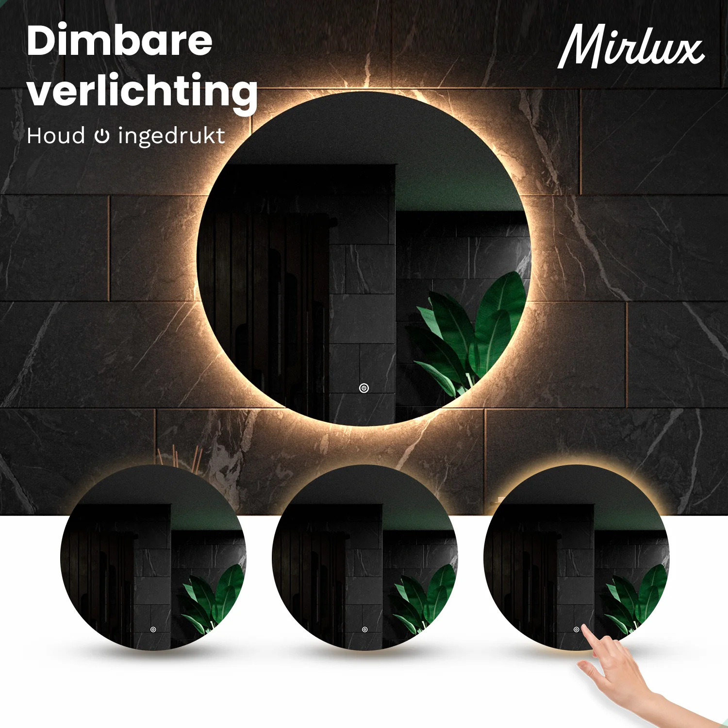 A round mirror with illumination and a finger touching it.