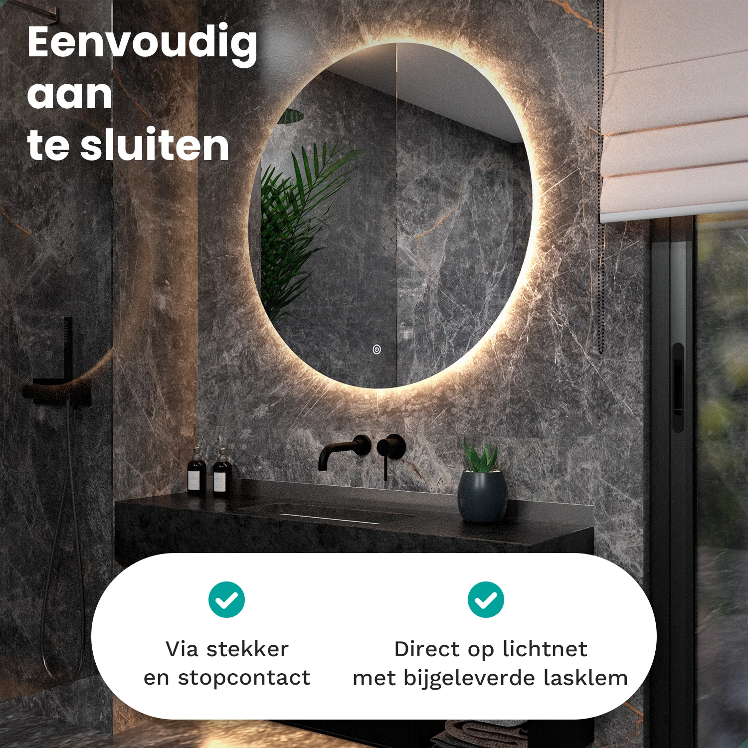 Modern bathroom with illuminated mirror over a sink. Connection options shown.