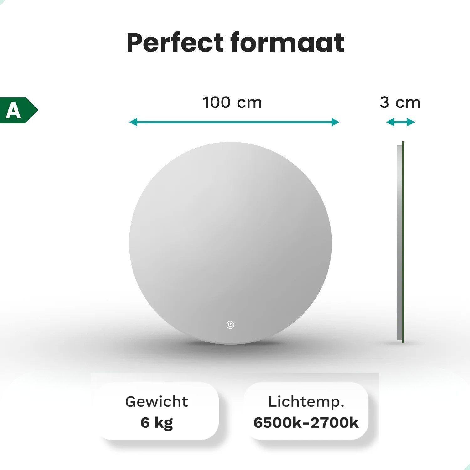 Round mirror, 100cm wide, 3cm deep, weighing 6kg.