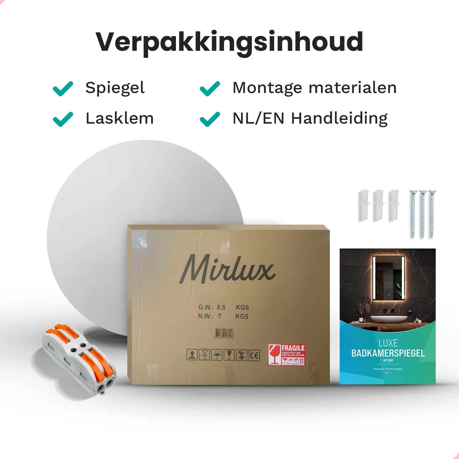 Verpakkingsinhoud: Spiegel, montage materiaal, handleiding. Doos met Mirlux logo.