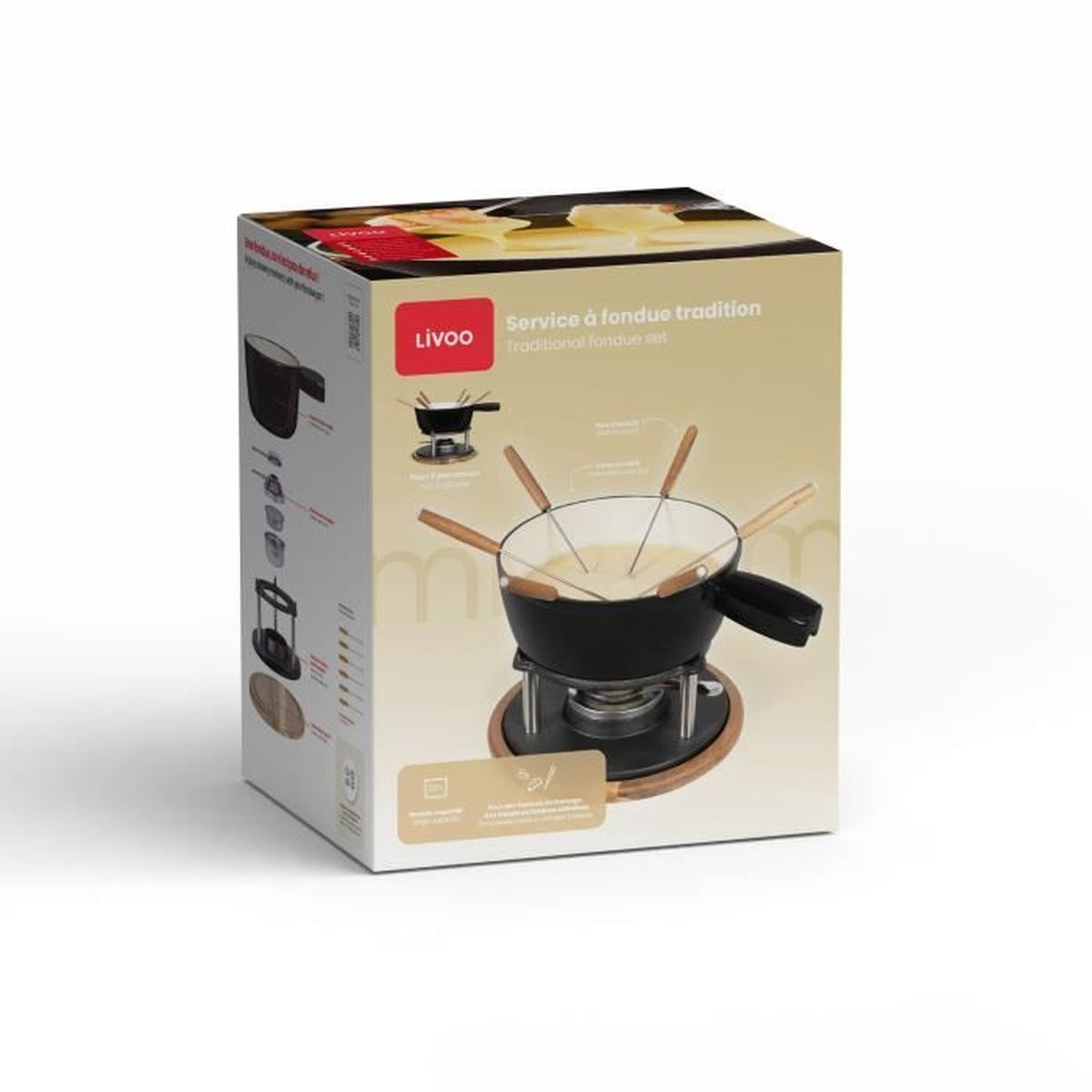 Livoo Fondue-Set auf Kartonverpackung mit Käse und Gabeln.