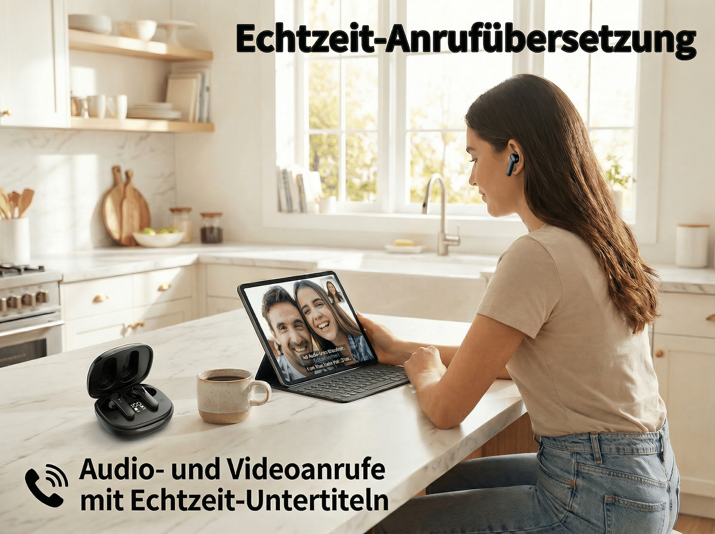Frau hört mit Ohrhörern auf Tablet mit Echtzeit-Übersetzung in der Küche.