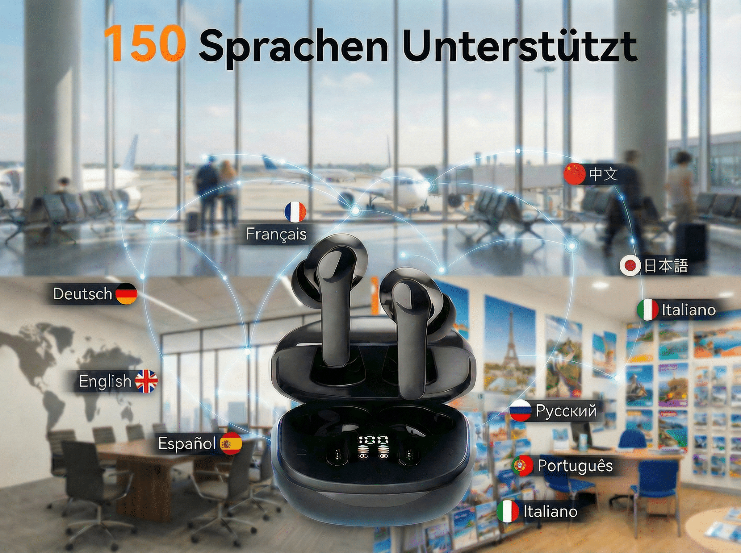 Kopfhörer in einem Flughafen-Setting, mit Sprachoptionen.