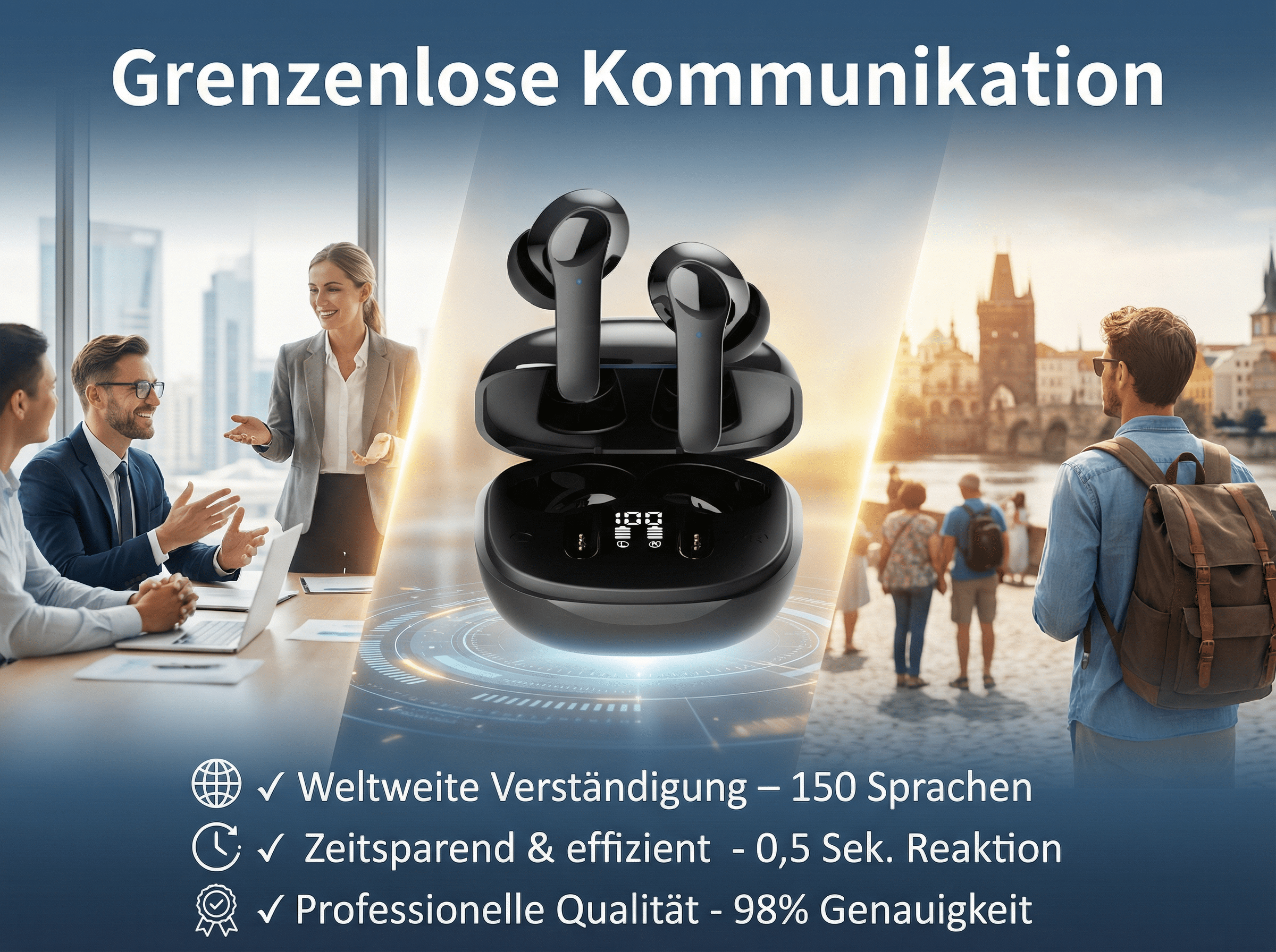 Kabellose Kopfhörer und Menschen in Besprechung und Reise.