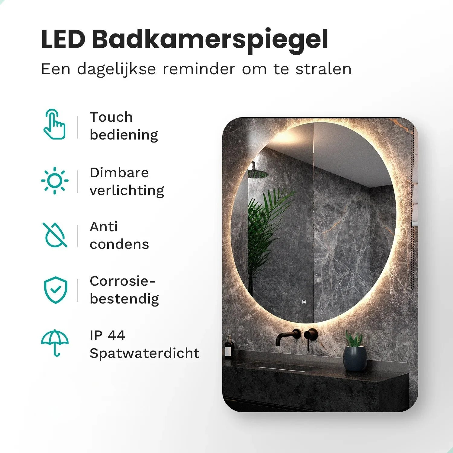 Ovale LED spiegel met touch control, dimbaar licht, anti-condens, corrosiebestendig.