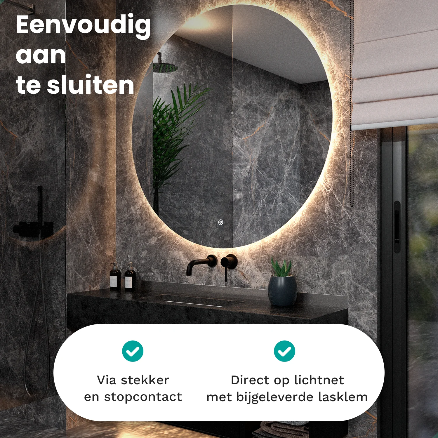Moderne badkamer met verlichte spiegel, wastafel en douche.