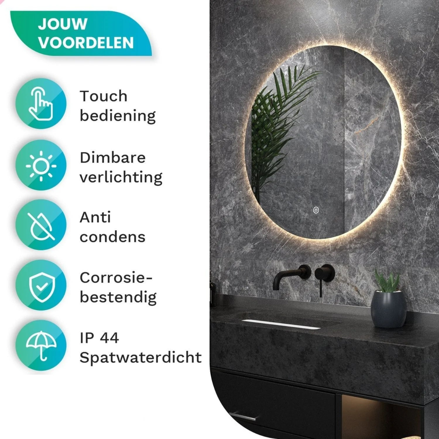 Badkamerspiegel met verlichting, touch control, spatwaterdicht.